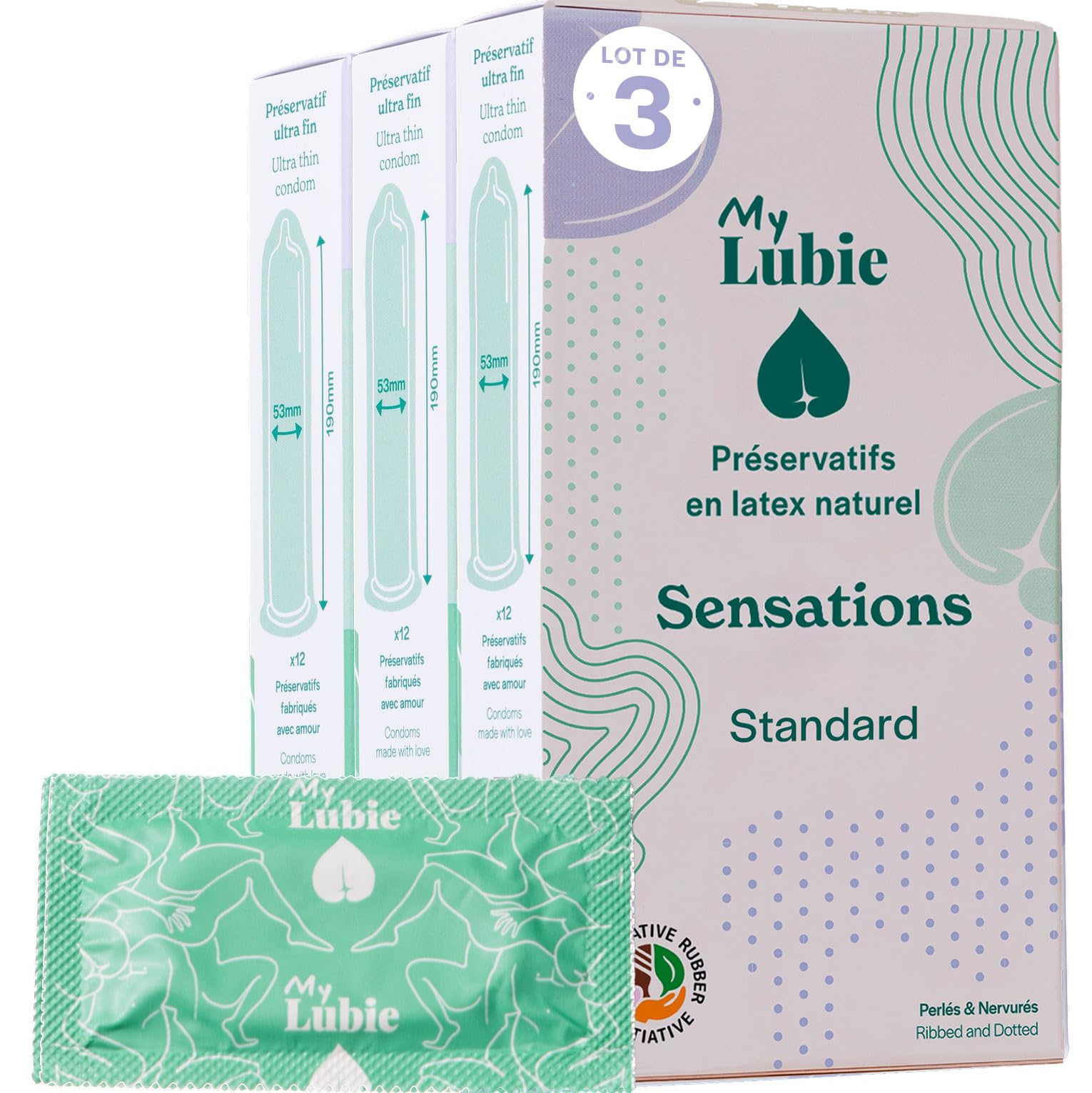 MY LUBIE - Pack de 3 x12 Préservatifs Fins - Perlés & Nervurés, Vegan et Sains - Taille Standard 54mm - Sensations Décuplées et Solidité - Qualité Premium (Standard (Pack de 3))