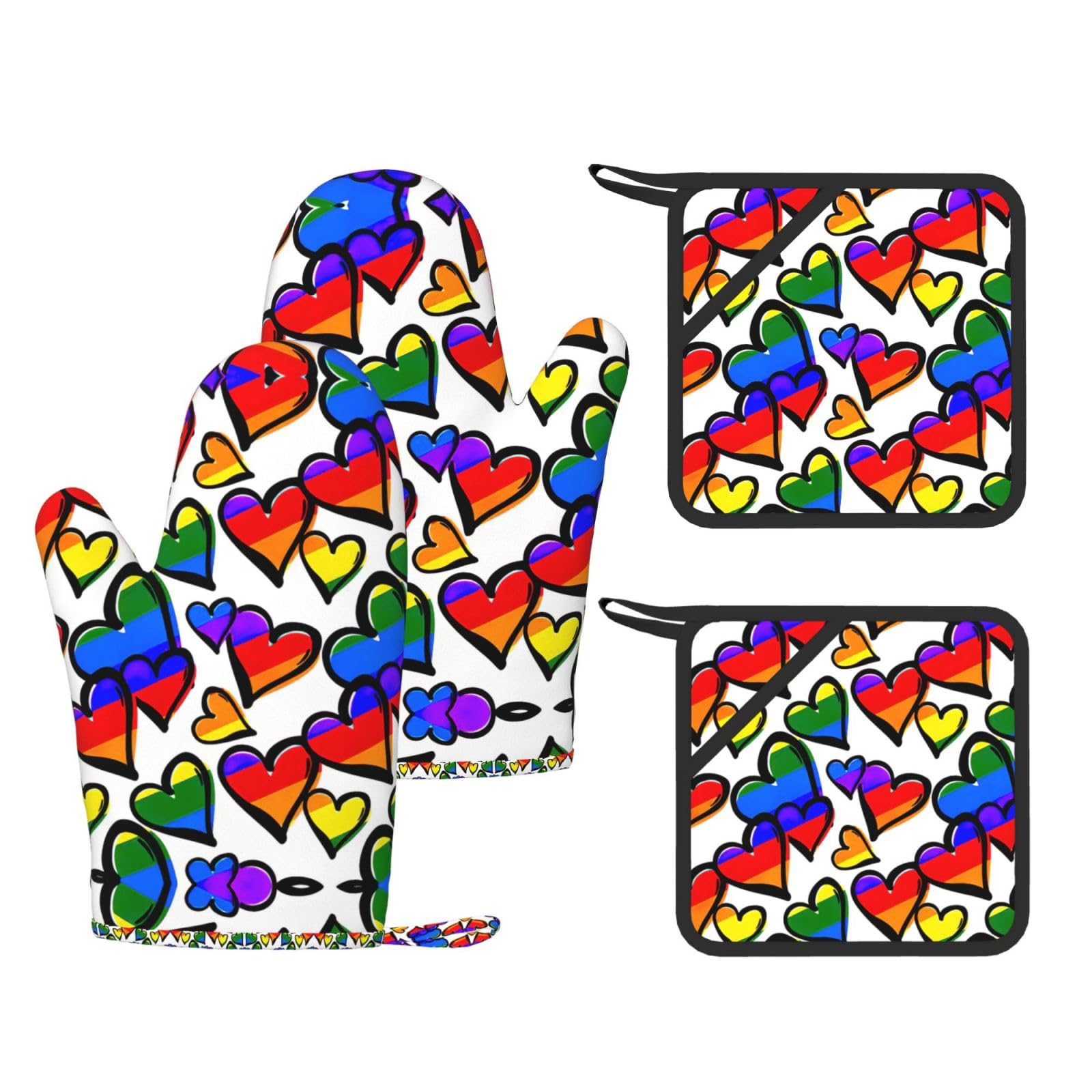 Rainbow Colored Gay Pride Hearts Printed Oven Gloves and Hot Pads Set of 4, High Heat Resistant Silicone Mitts for Cooking BBQ