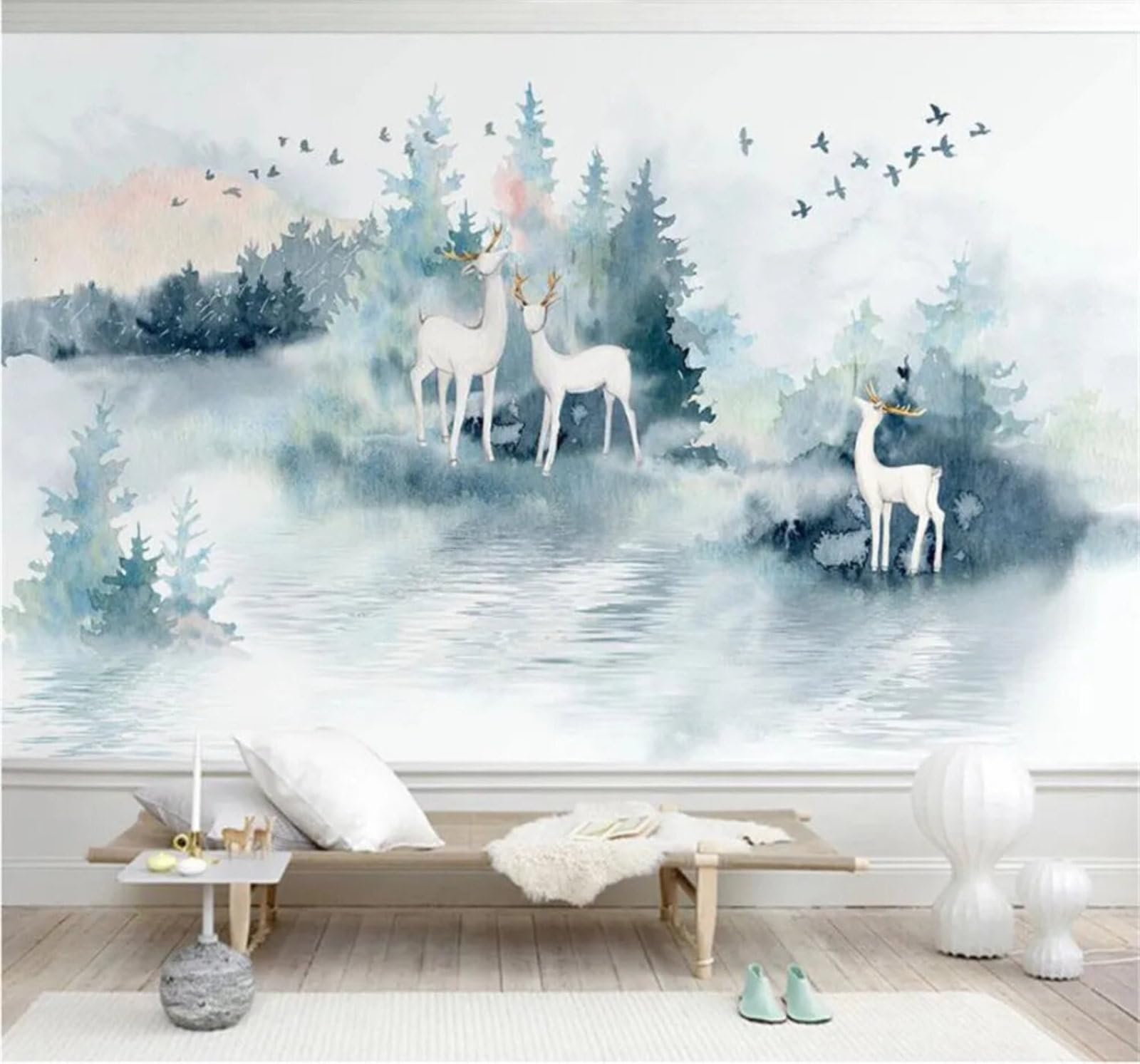 Tzxztt Minimalist Abstract Mountains Forest Reindeer Modern 3D Wallpaper Premium Textured Silk Neutral Tones Material Ideal for Living Room Bedroom-430cm×300cm