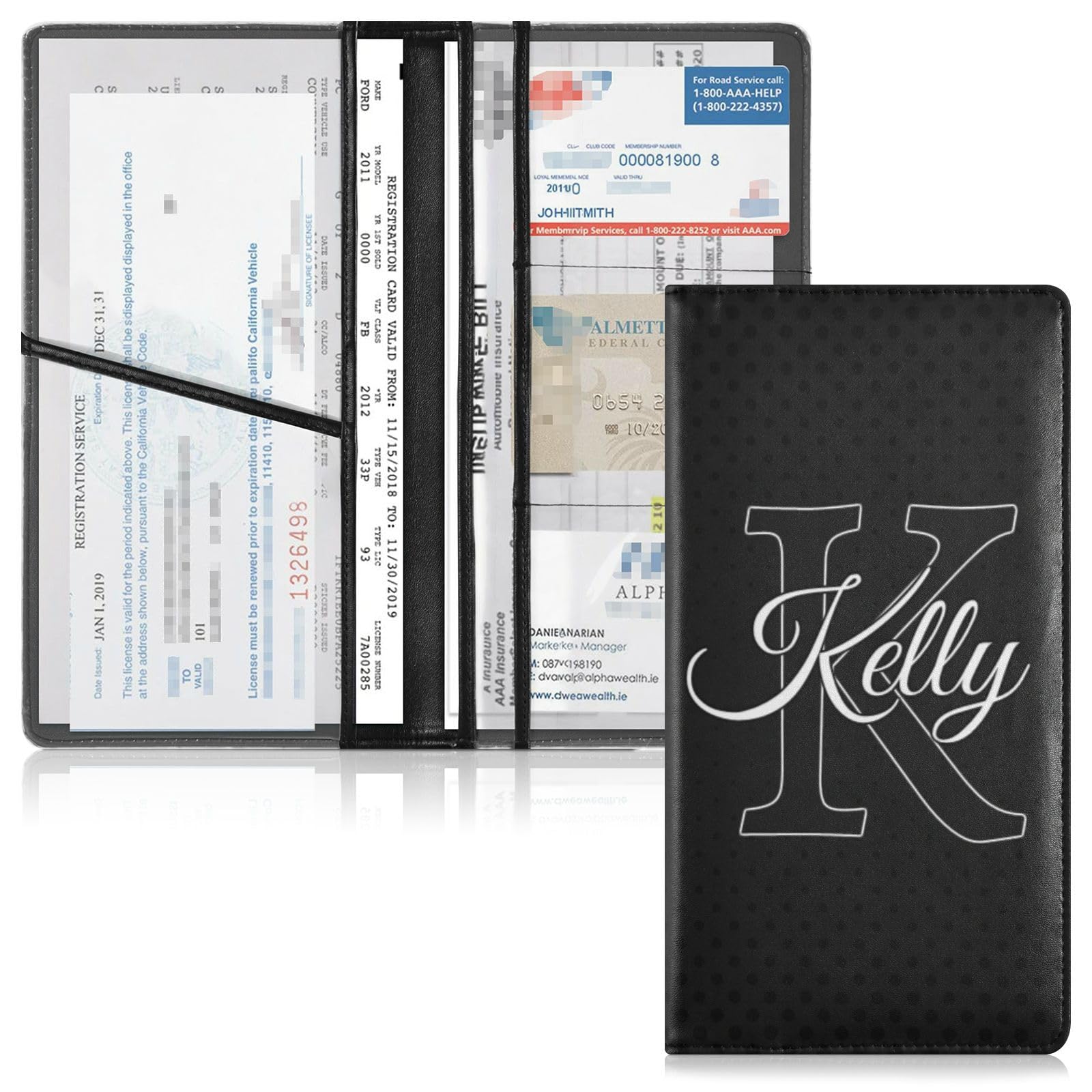 Black Personalized Car Registration and Insurance Holder for Man Woman Custom Leather Vehicle Glove Box Organizer for Essential Documents Automobile