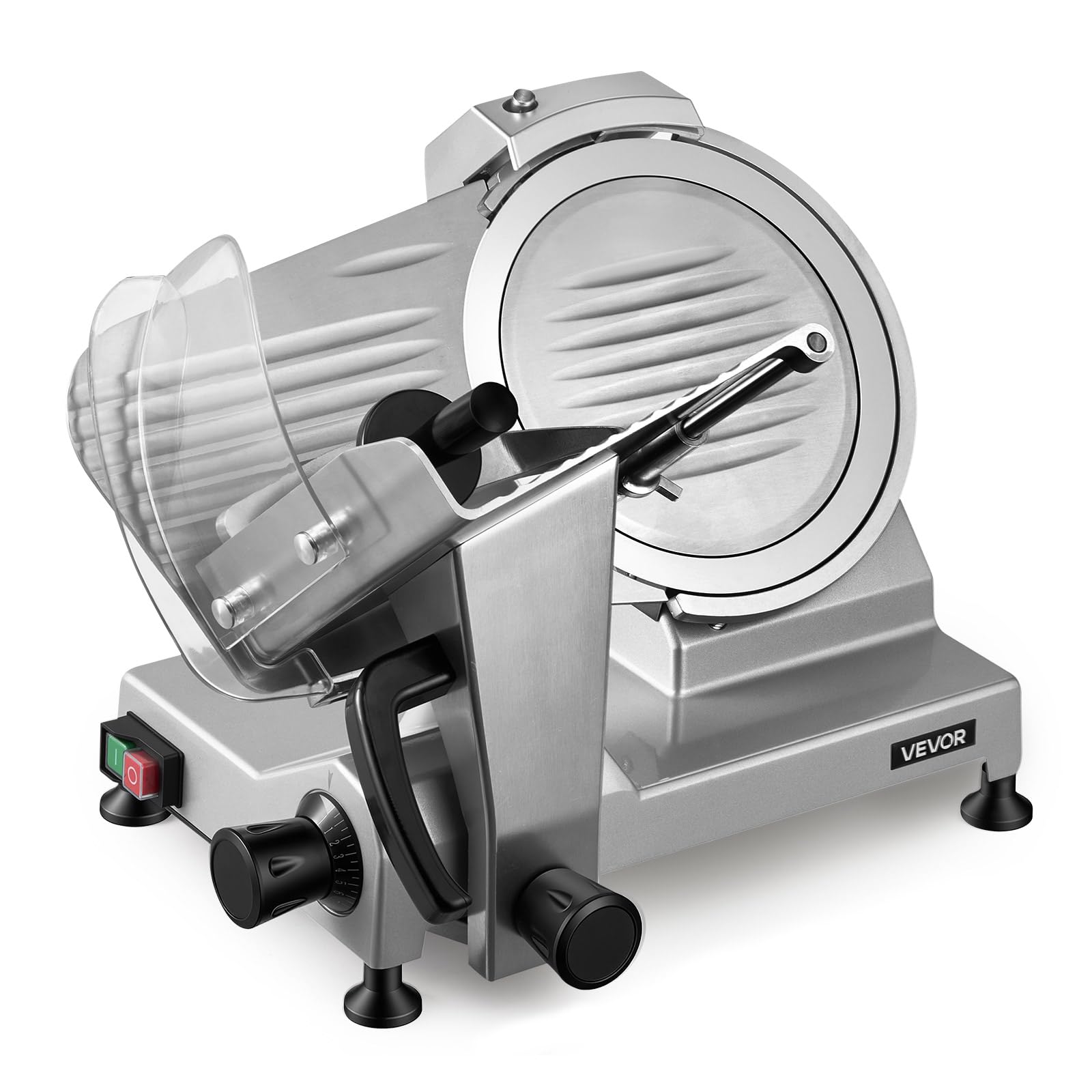 VEVOR Cortafiambres Eléctrico 240 W, Cortadora de Carne Comercial con Cuchilla de Acero al Carbono de 250 mm, Afilador Incorporado, Grosor Ajustable de 0-12 mm para Carne Congelada, Jamón, Baguette