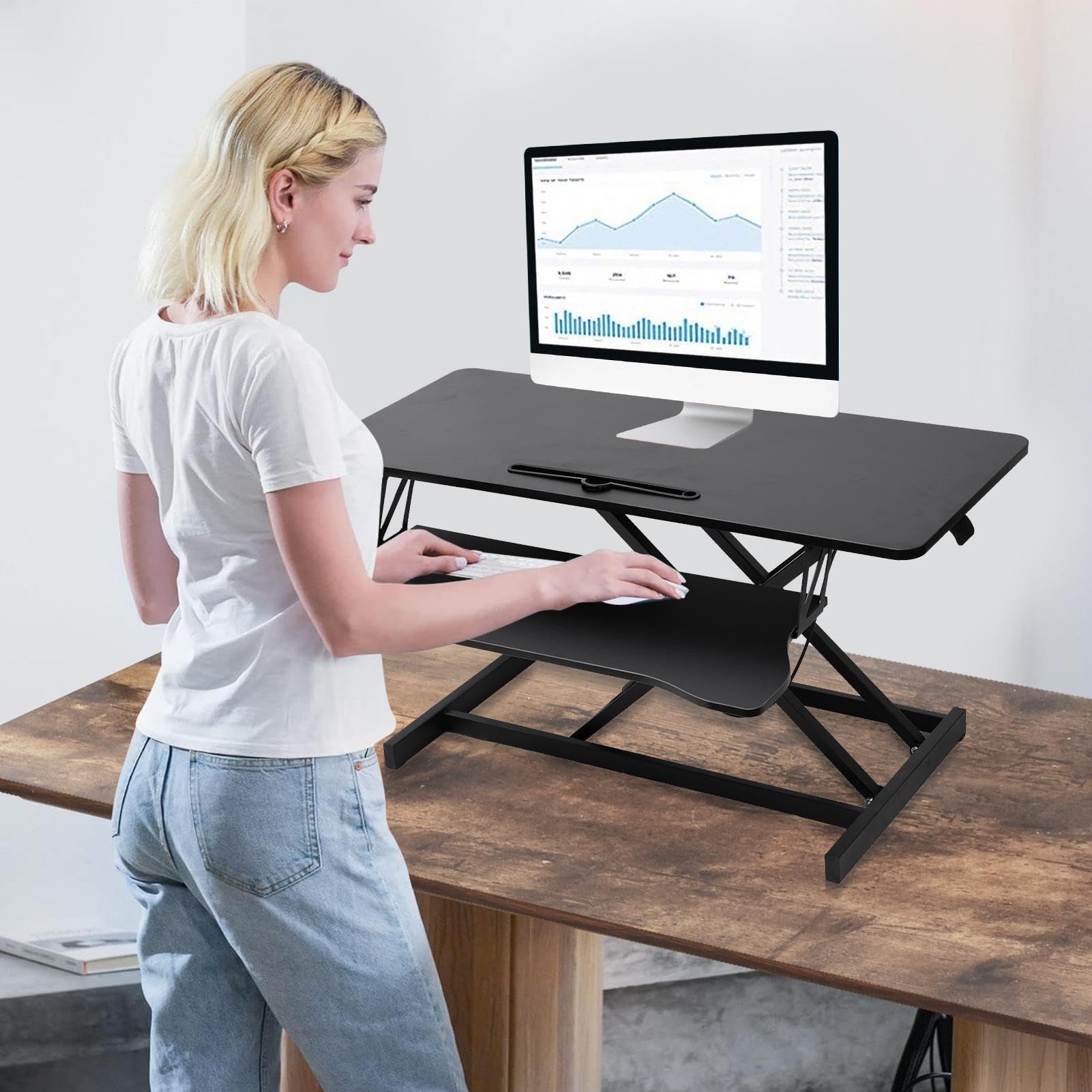 Scrivania regolabile in altezza, convertitore da tavolo per laptop con ergonomico | Convertitore ergonomico da scrivania con molla a gas, 2 livelli, porte USB e altezza regolabile da 15 a 48 cm, per ufficio