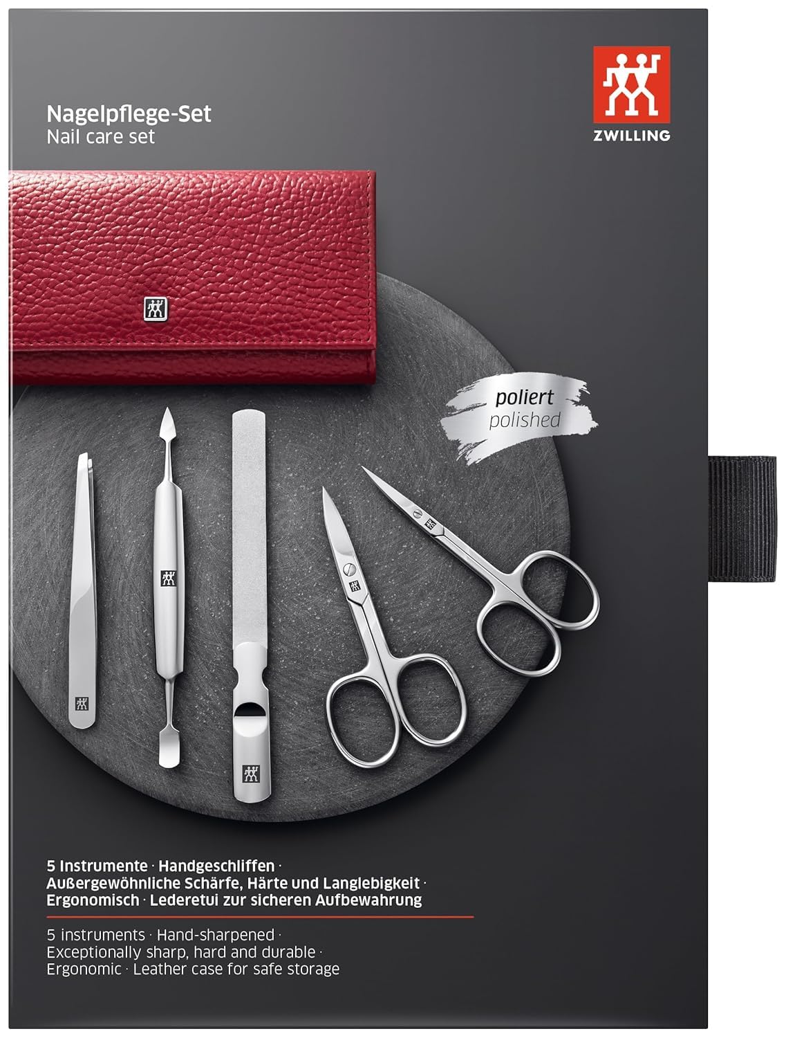 ZWILLING Set de manicura (5 piezas, cuidado de uñas y pedicura con estuche de piel auténtica con tijeras de uñas y tijeras para cutículas), acero inoxidable pulido, rojo