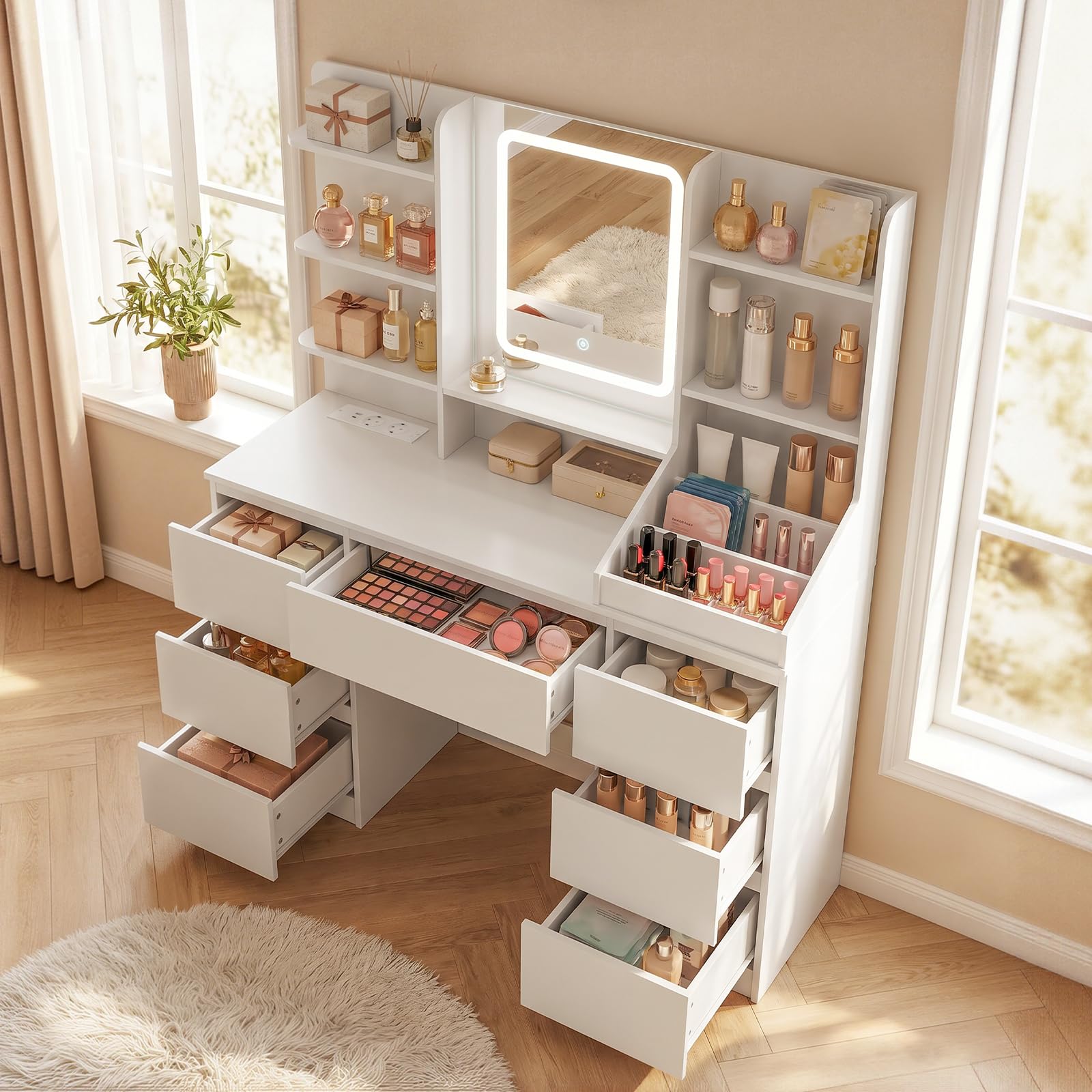 HOOBRO Tocador, con Espejo LED Regulable, Mesa de Maquillaje, 5 Estantes Abiertos y 7 Cajones, con Estación de Carga Integrada (2 Tomas CA, 1 USB-A, 1 Tipo C), para Vestidor, Habitación, Blanco