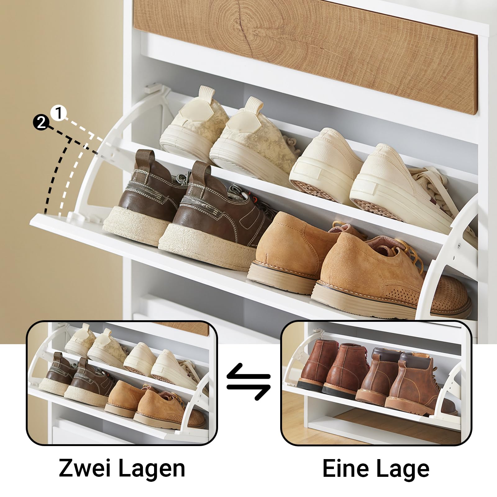 SoBuy Schuhschrank Schmal Hoch – Schuhkipper Schmal mit 2 Klappen & Schublade, platzsparend & modern – Flur Möbel für Eingang, Korridor, Wohnung – 61x26x91cm, Weiß & Holzoptik – FSR205-WN
