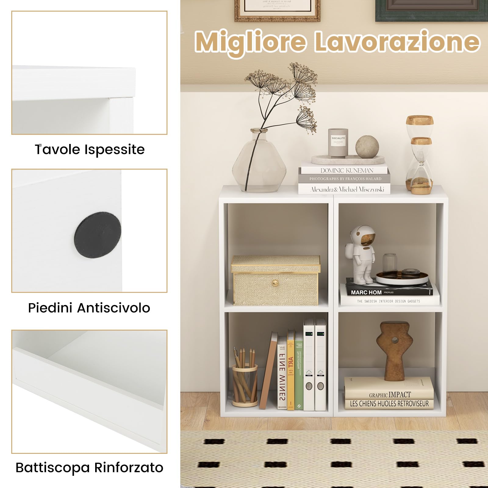 RELAX4LIFE Libreria a 2 Cubi, Scaffale Verticale Moderno con 3 Ripiani Aperti, Organizer di Stoccaggio Autoportante con 2 Kit Antiribaltamento per Soggiorno, Camera da Letto Bianco