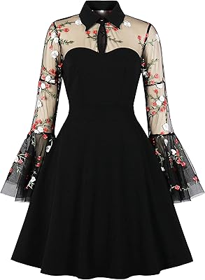 Wellwits Women's Embroidery Mesh Bell Sleeve Gothic Dress