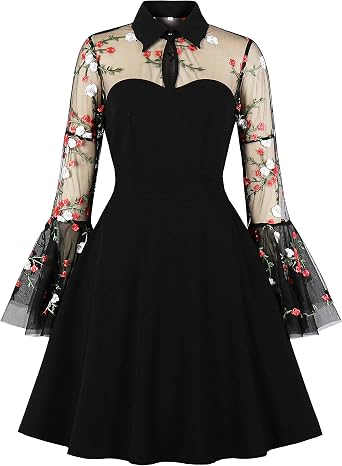 Wellwits Womens Embroidery Mesh Bell Sleeve Gothic Dress