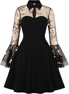 Women's Embroidery Mesh Bell Sleeve Gothic Dress