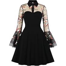 Wellwits Womens Embroidery Mesh Bell Sleeve Gothic Dress