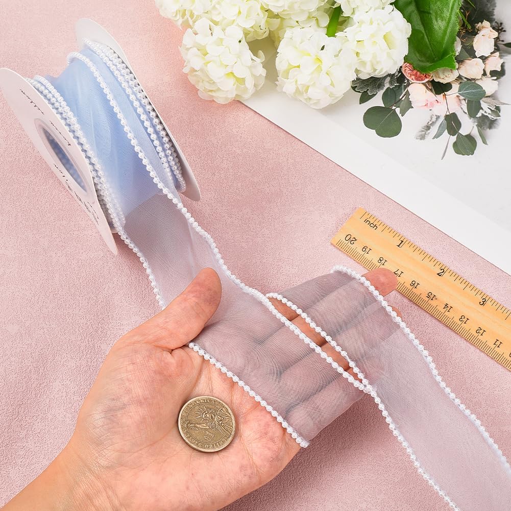 5 Yards 1 1/2 Inch Light Blue Faux Pearl Edged Ribbon Smooth Organza Fishtail Ribbon Sheer Mesh Ribbons Bundle Rolls with Spool for Sewing Making Crafts Gift Wrapping Handicraft DIY Supply image 4