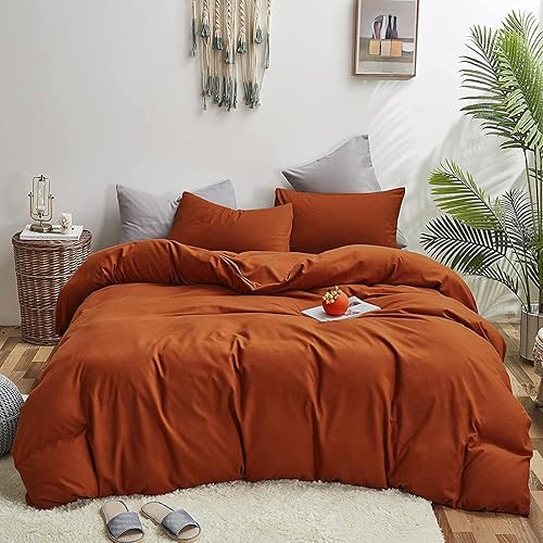 Houseri Juego de edredón de color naranja quemado, juego de ropa de cama tamaño matrimonial, juego de edredón terracota, color caramelo liso, para