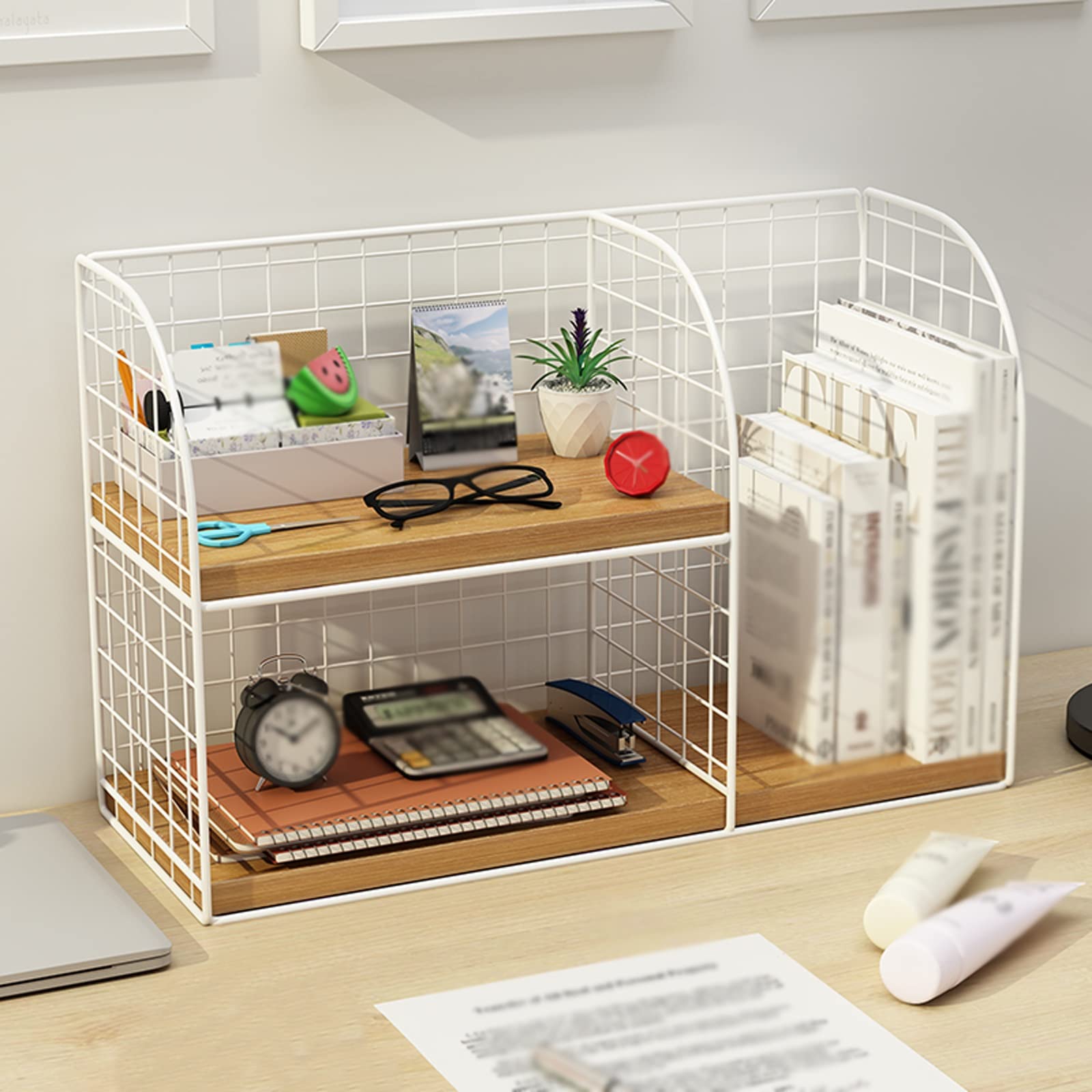 Scaffale Libreria Organizer da scrivania for ufficio, organizer for file da scrivania, libreria da scrivania a 2 strati, organizer da scrivania for bambini, 15,7 x 6,2 x 9,8 pollici, bianco Scaffali p