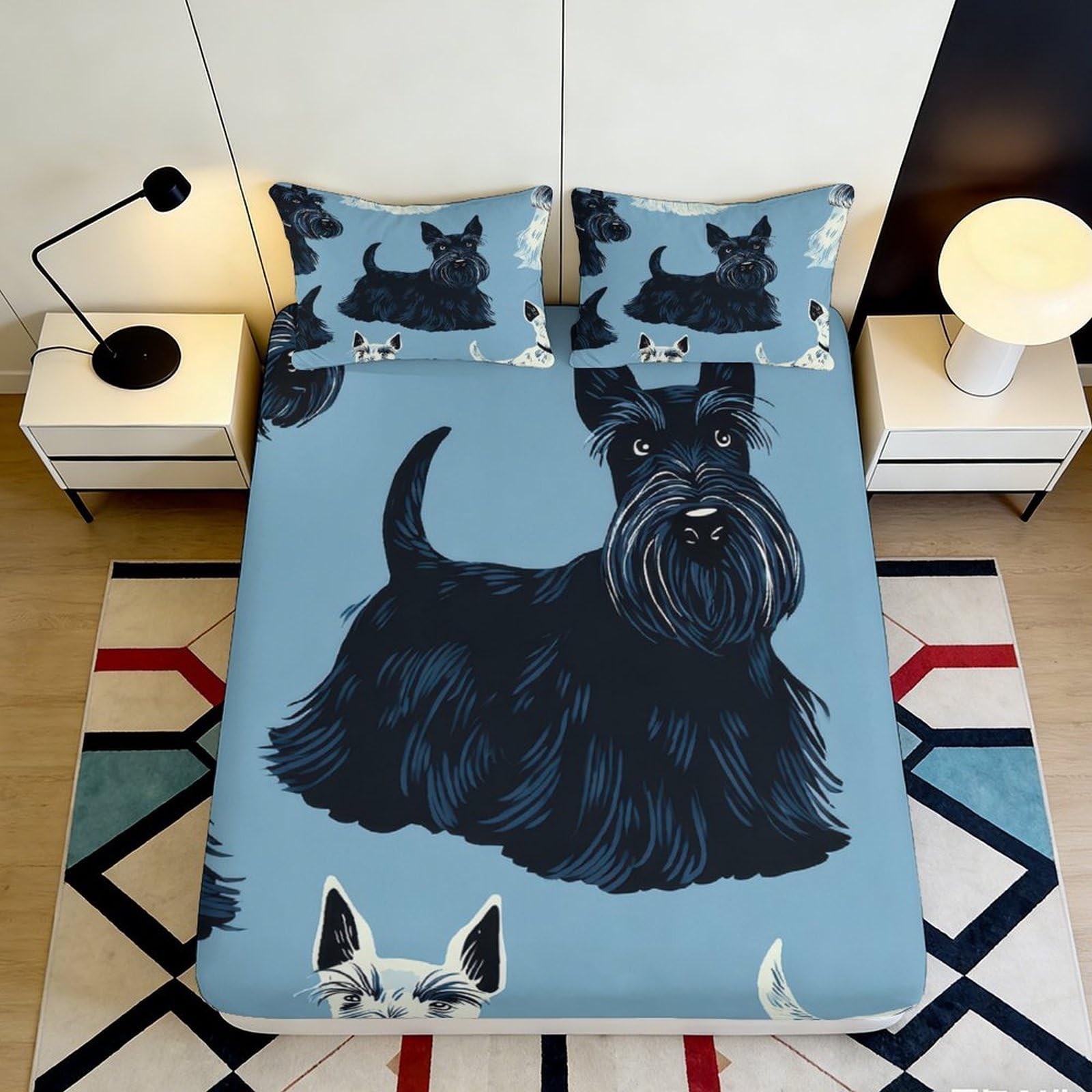 3D Printed Scottish Terrier Dog Fitted Sheet Microfiber Anti-Slip Blue Bed Cover for Bedroom Guest Room Easy Care 200x200x25cm