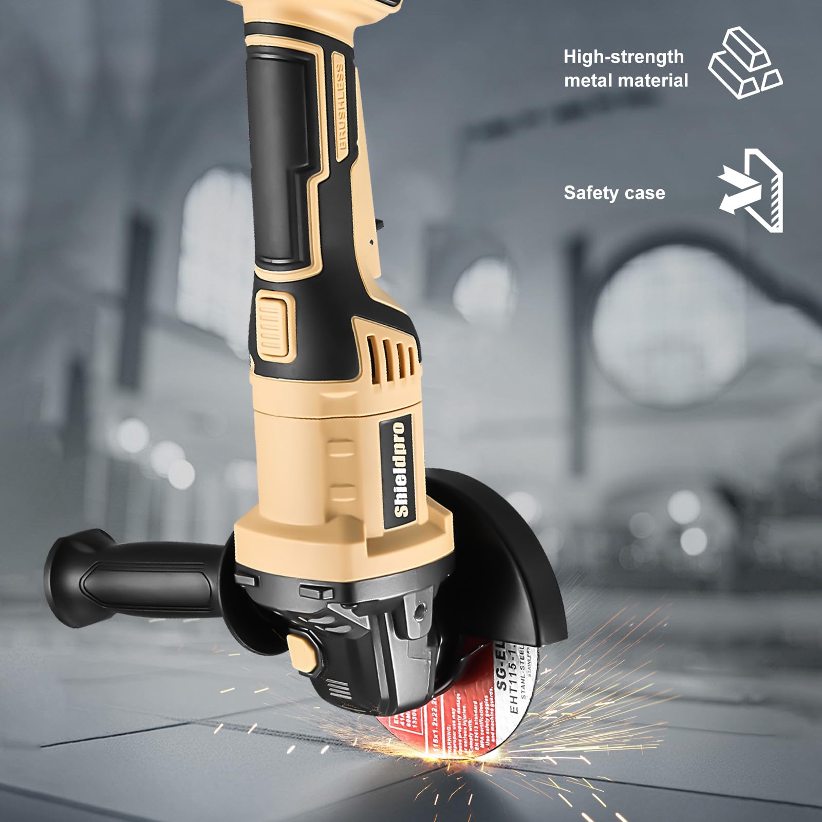 La amoladora angular inalámbrica tiene un potente motor con asa