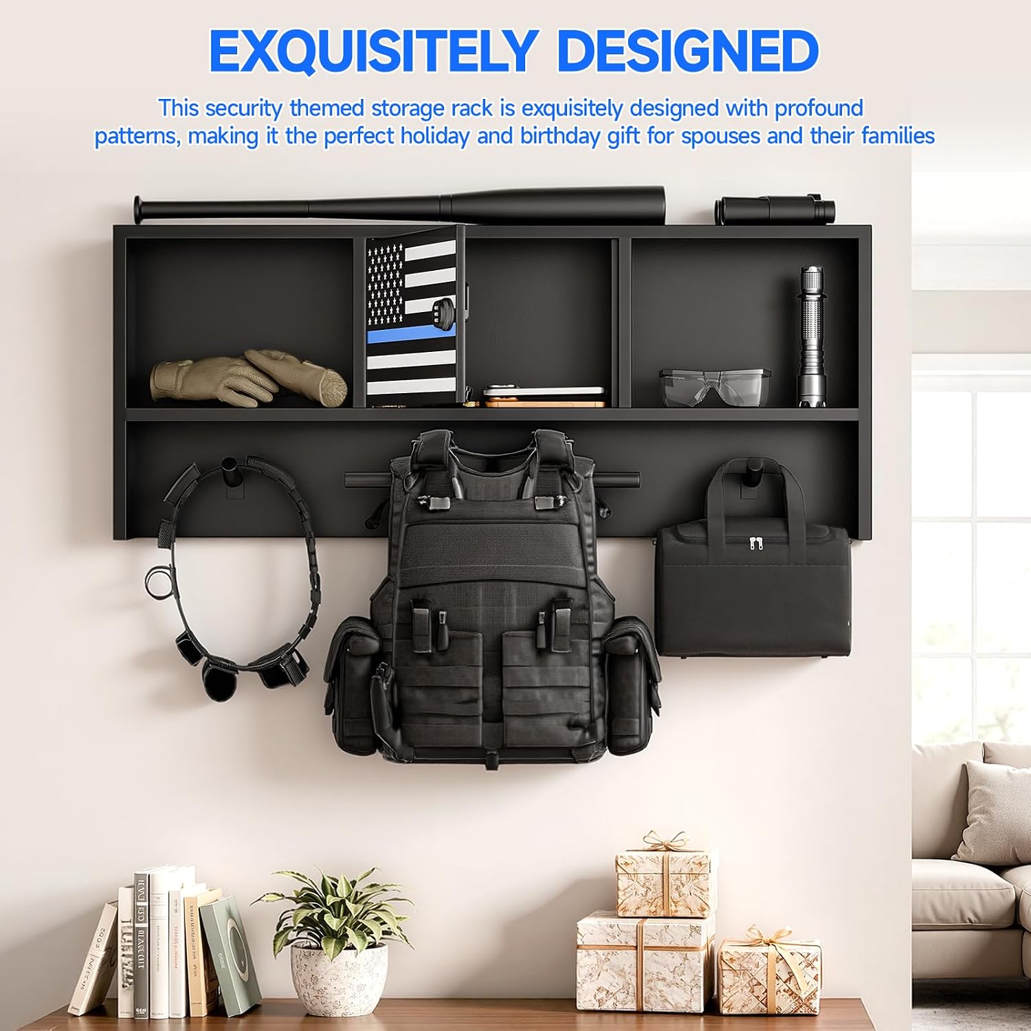 Police Gear Rack Wall Mounted – Tactical Body Armor Stand & Storage Shelf for Law Enforcement Equipment, Indoor Organizer with Hooks, Safe Hanger for Officer Gear & Accessories