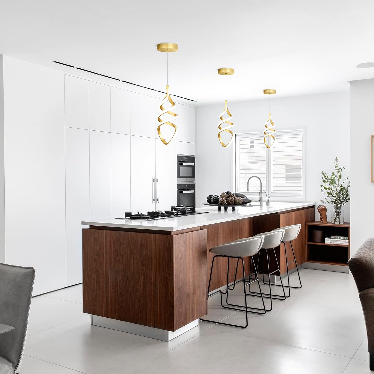 Pendant Lights,3 Pack Brushed Gold Pendant Lighting for Kitchen Island,LED Pendant Lights 3 Color Temperature,Modern Pendant Light Fixtures,Gold Brass Pendant Lighting,Dimmable Spiral Ceiling Light