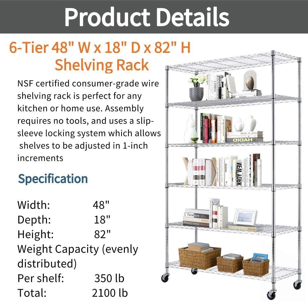 2100LBS Shelf Wire 82"x48"x18"Heavy Duty Metal Shelves for Storage, Shelving Unit, Height Adjustable Garage Rack, 6 Tier Storage Shelves with Wheels/Feet Levelers, Black