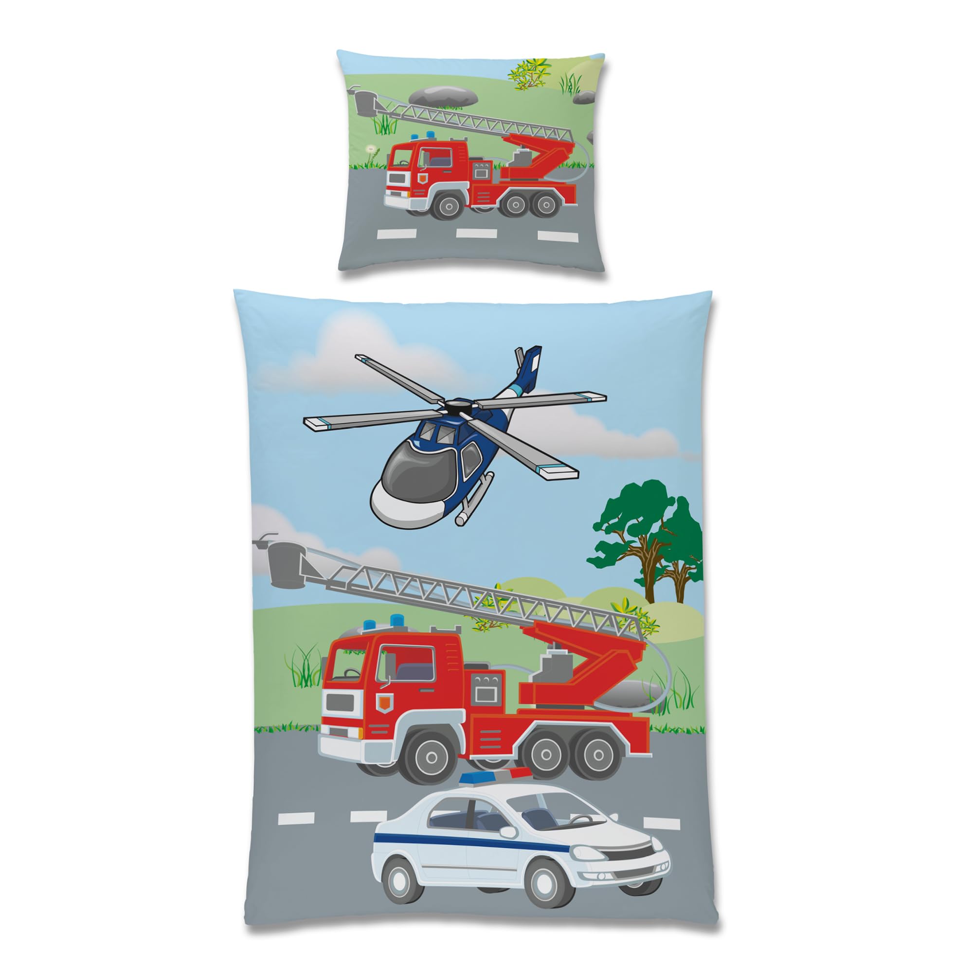 Familando – Polizei & Feuerwehr Bettwäsche-Set (2-teilig) – Decken- & Kissenbezug 135x200 cm & 80x80 cm mit Reißverschluss – 100% Baumwolle – Wendemotiv – Hautfreundlich & atmungsaktiv - Öko-TEX