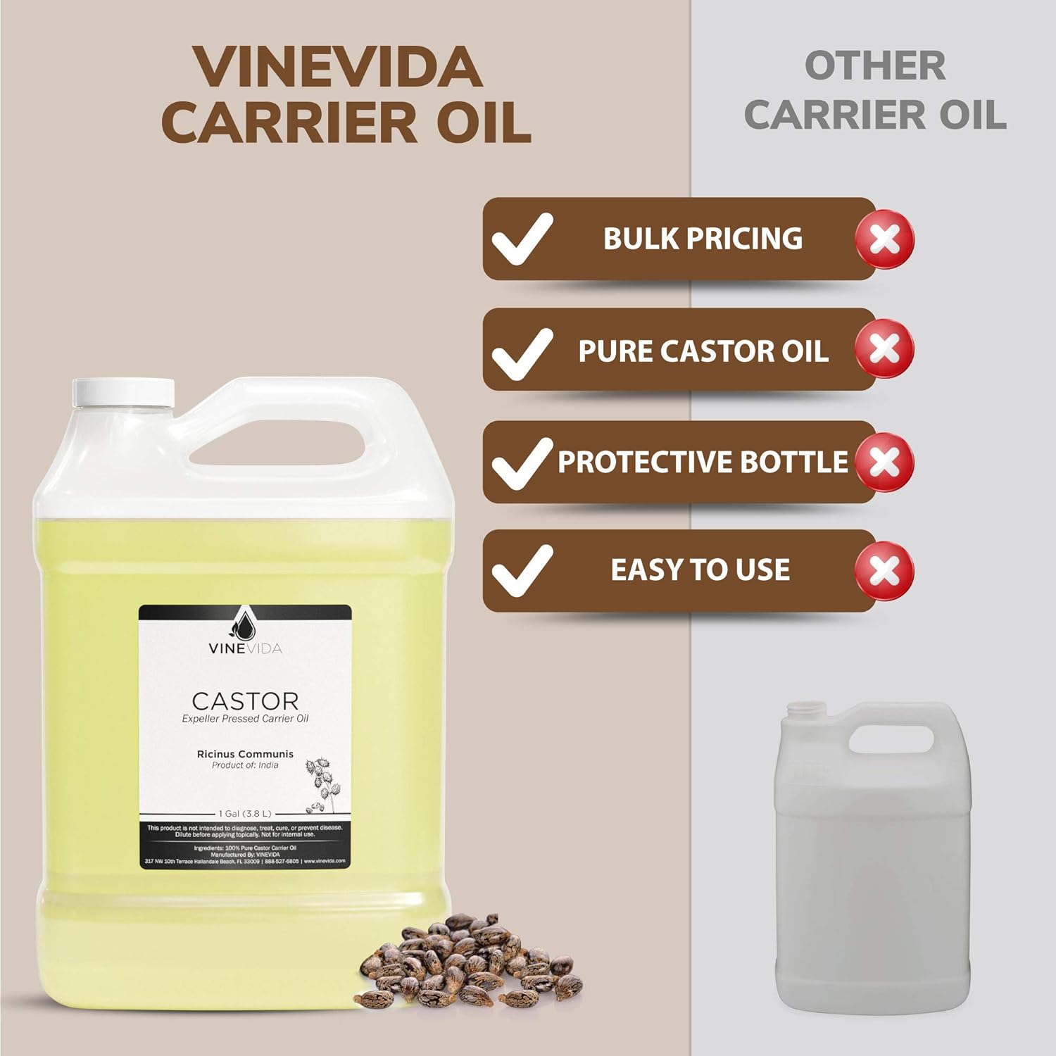 VINEVIDA Castor Oil - Gallon Carrier Oil Undiluted - Bulk Gallon Carrier Oil for Soap Making Safe for Skin - DIY Candle Scents for Candlemaking Scents - 8 lbs Castor Oil