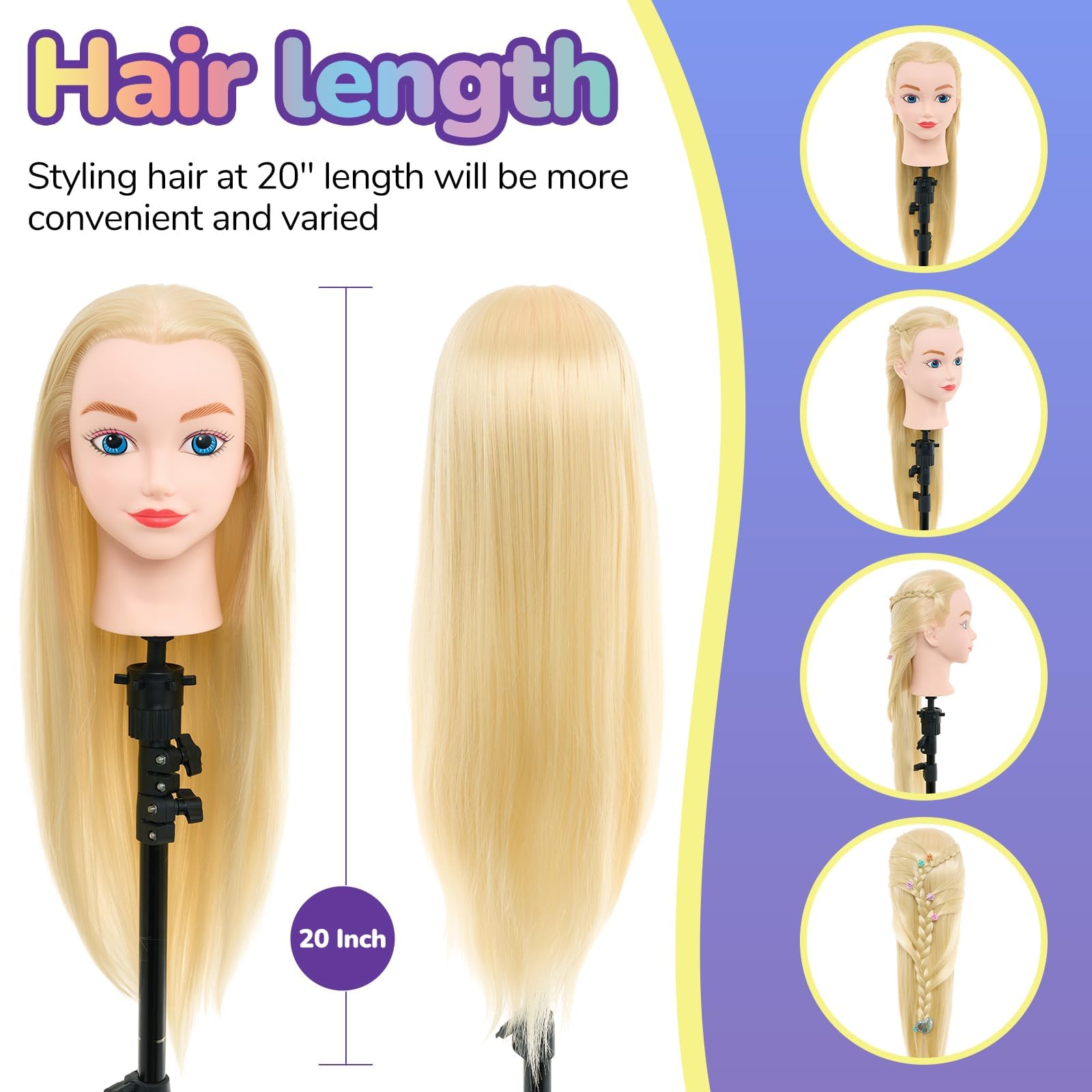 Neverland de 20 pulgadas Cabeza de peluquería 100% fibra pelo Cabeza de Entrenamiento Cabeza de Muñeca Muñeca peluqueria Muñeca de la Cosmetología con Soporte& DIY Hair Styling Tools