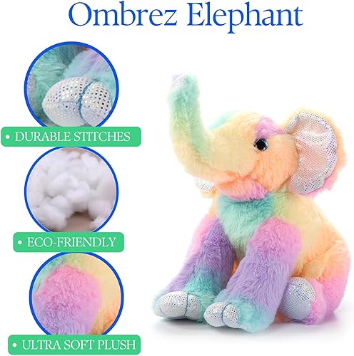 Miniatura 6 de The Petting Zoo Peluche de elefante, animales Ombrez, juguete de peluche de elefante arcoíris de 9 pulgadas