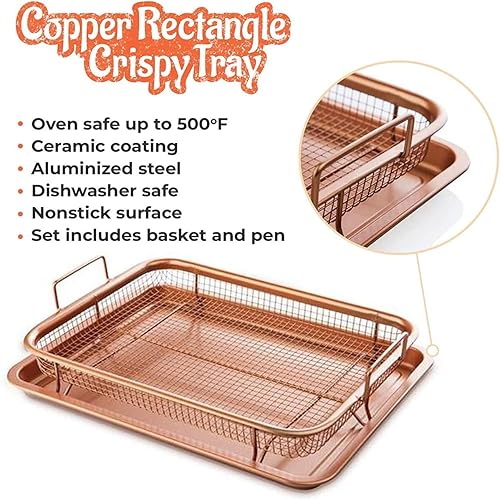 Miniatura 7 de DODY Bandeja de acero antiadherente de cobre, 2 piezas antiadherentes para horno, bandeja y cesta de malla, freidora de aire en horno, ideal para