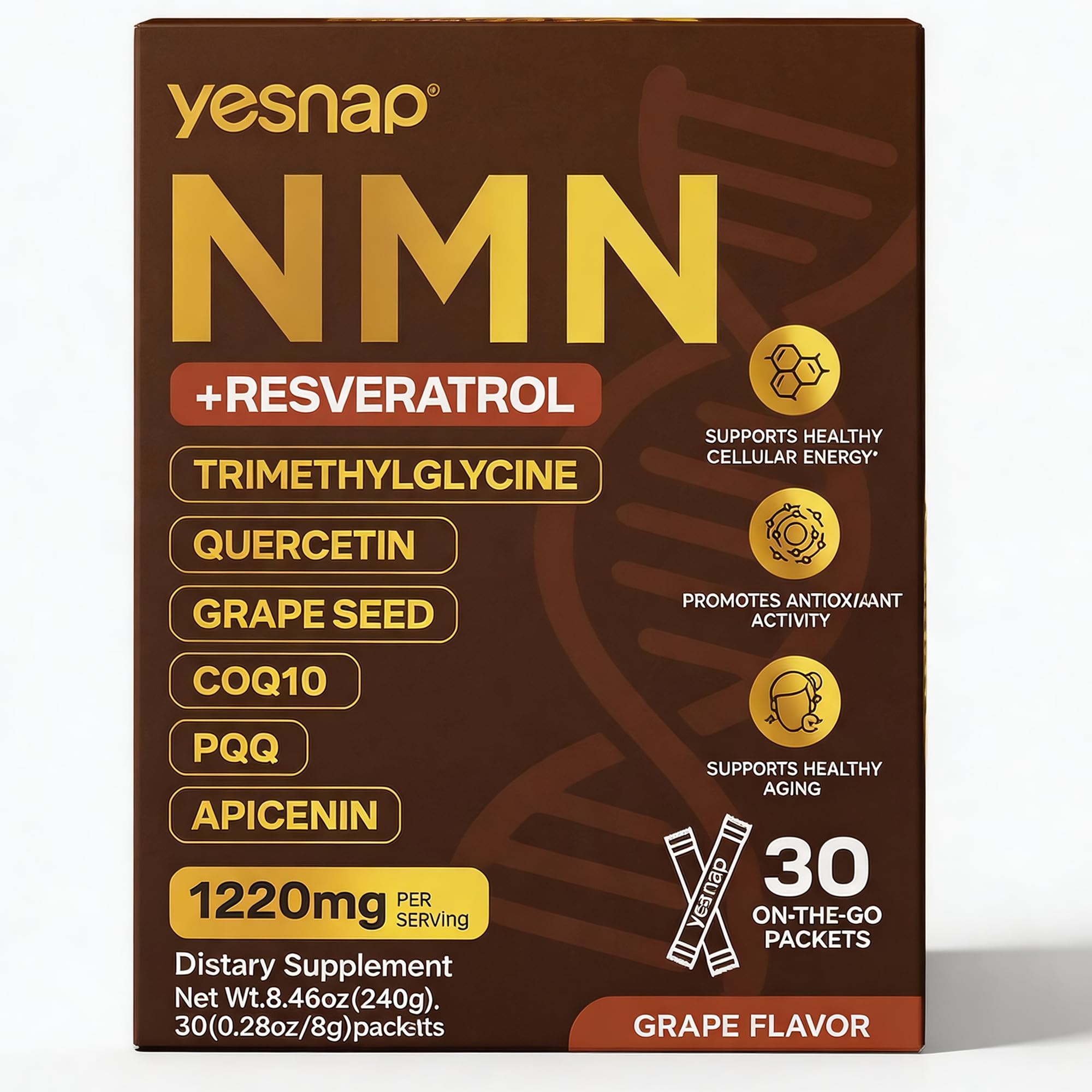 NMN Liquid Supplement NAD+ 7-in-1 Support with Aging-Supportive Resveratrol, TMG, Quercetin, CoQ10, Grapeseed, PQQ, Apigenin Cellular Energy & NAD Levels, 30 On-The-Go Packets, Grape Flavor