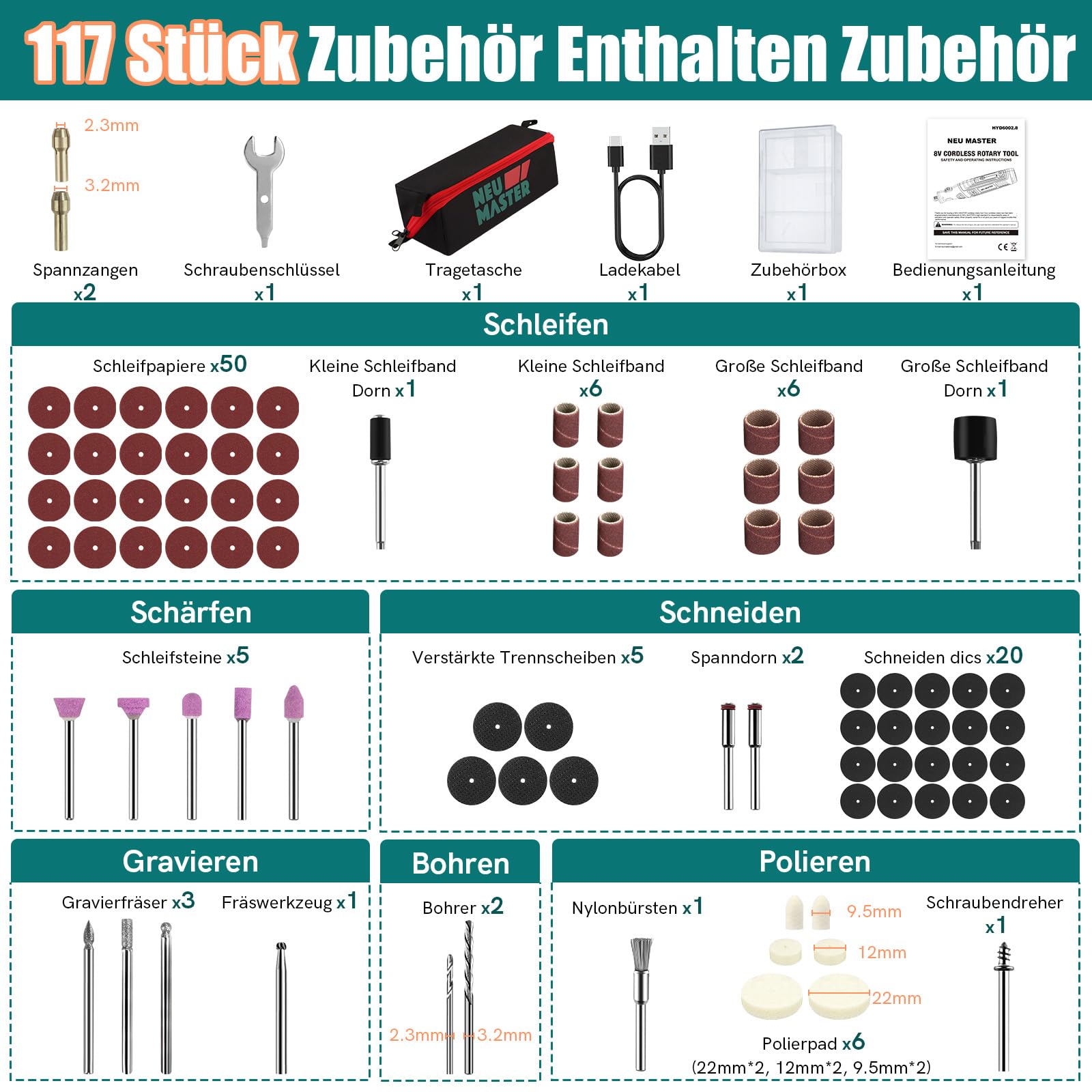 MASTER 8V 2.0Ah Akku Multifunktionswerkzeug Set mit 117 Zubehör, LED, 5-Gang, zum Bohren Gravieren Polieren Schleifen