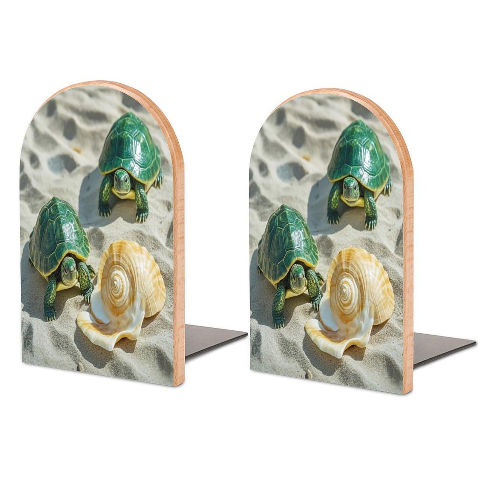 Two Turtles and Shells Bookend for Shelves Wooden Book End Sturdy Book Holders Stoppers with Metal Base for Bookshelves Slick Decorative Bookends Stands
