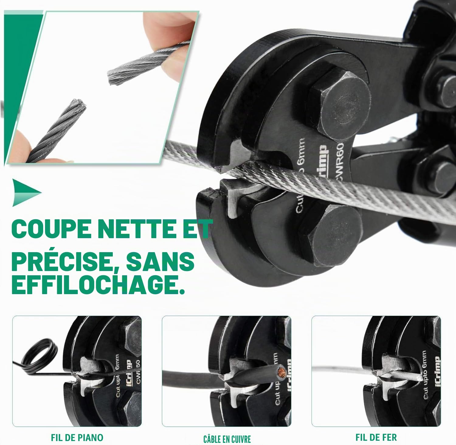 iCrimp CWR-60 Coupe-câble pour Câble en Acier Inoxydable, Câble D'aviation, Câble en Cuivre, Fil de Piano Jusqu'à un Diamètre de 6 mm