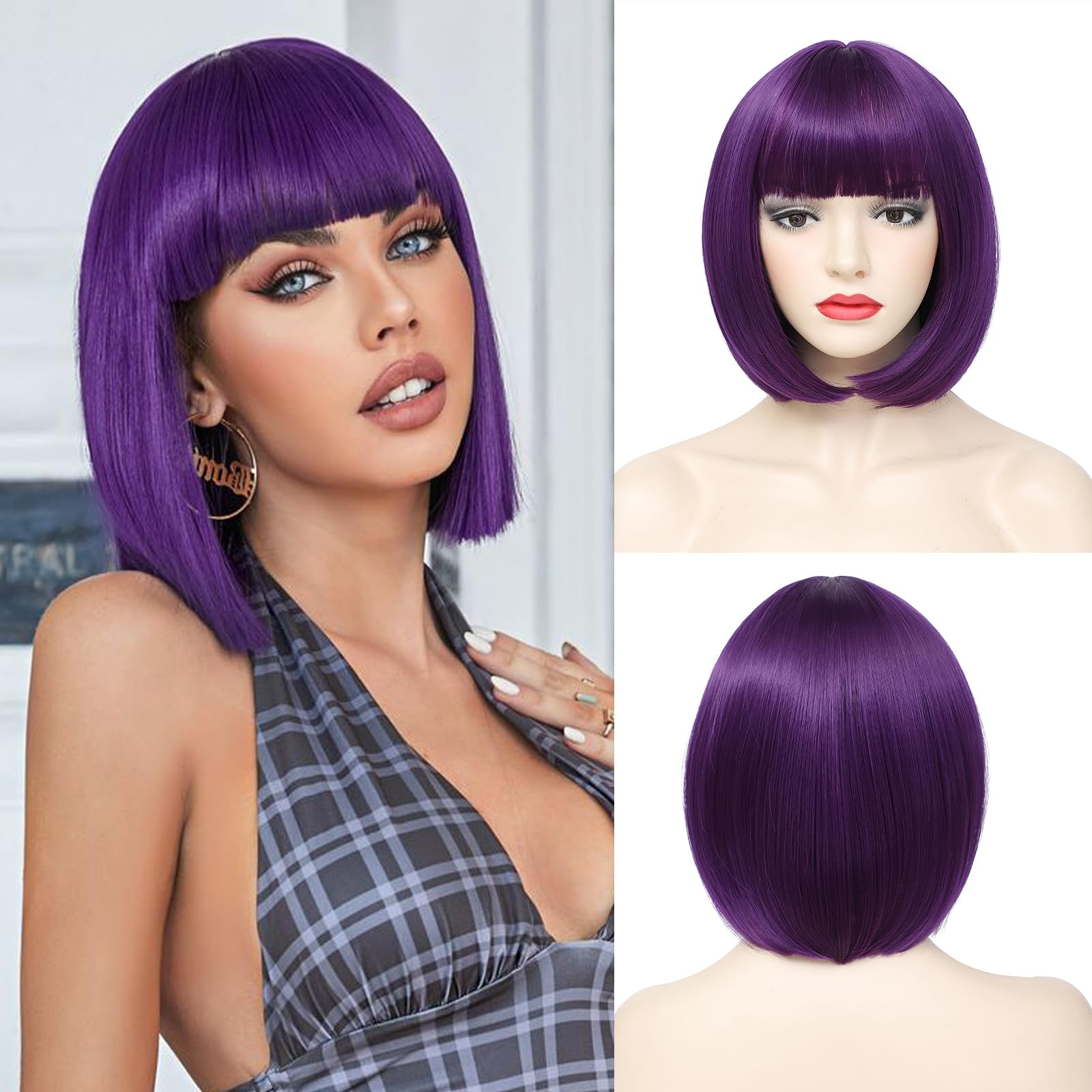Dark Purple Bob Wig with Bangs Short Straight Bob Wigs for Women