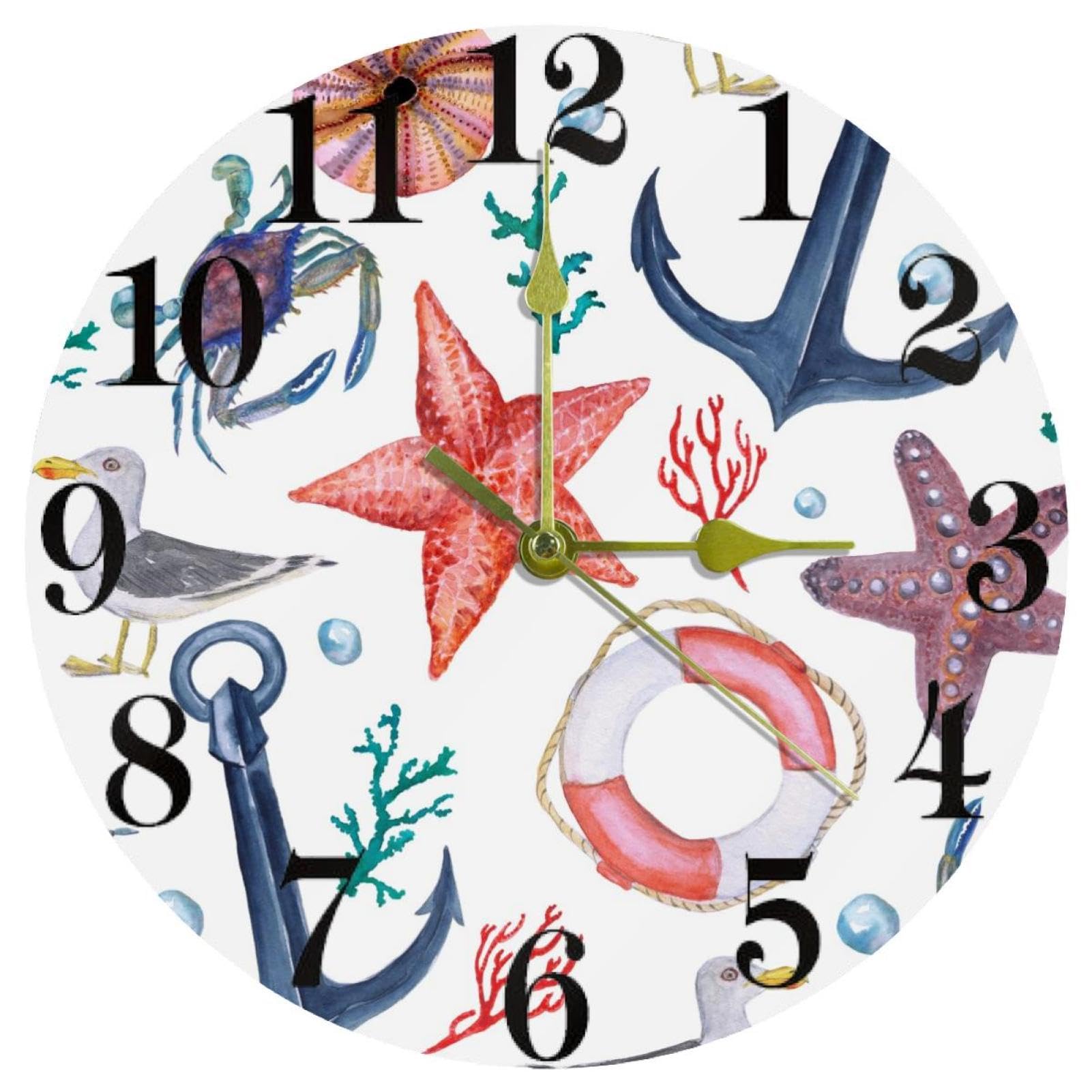 Horloge murale ronde à quartz silencieuse thème mer pour la cuisine et la maison