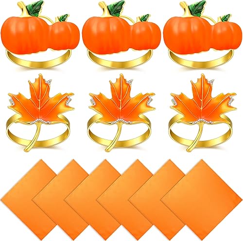 Miniatura 1 de Juego de 12 servilleteros de otoño de Acción de Gracias, incluye 6 servilleteros de hoja de arce de calabaza con 6 servilletas de color sólido para
