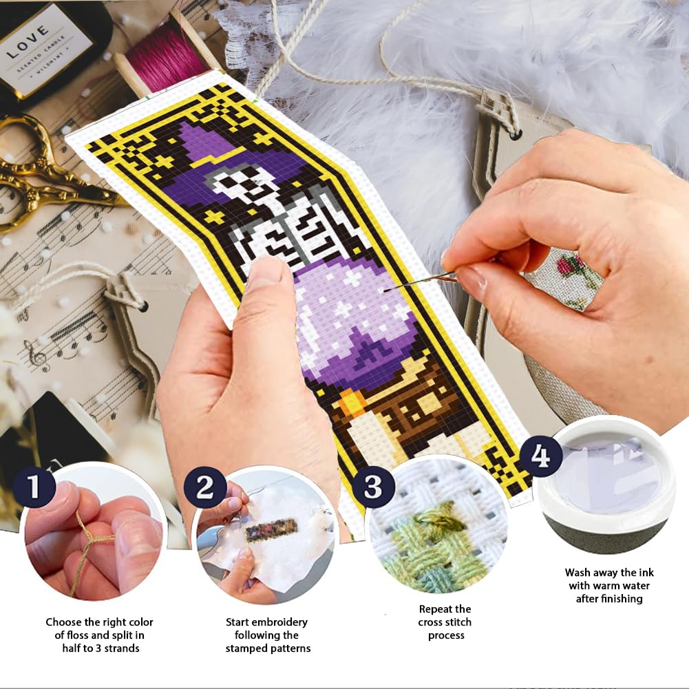 INFUNLY 6pcs Sun and Moon Astrology Cross Stitch Bookmark Kits Evil Eye DIY Cross Stitch Kit for Beginners with Instruction Moon Phases Divination Stamped Embroidery Bookmark Kit for Book Lovers Gift - Image 4