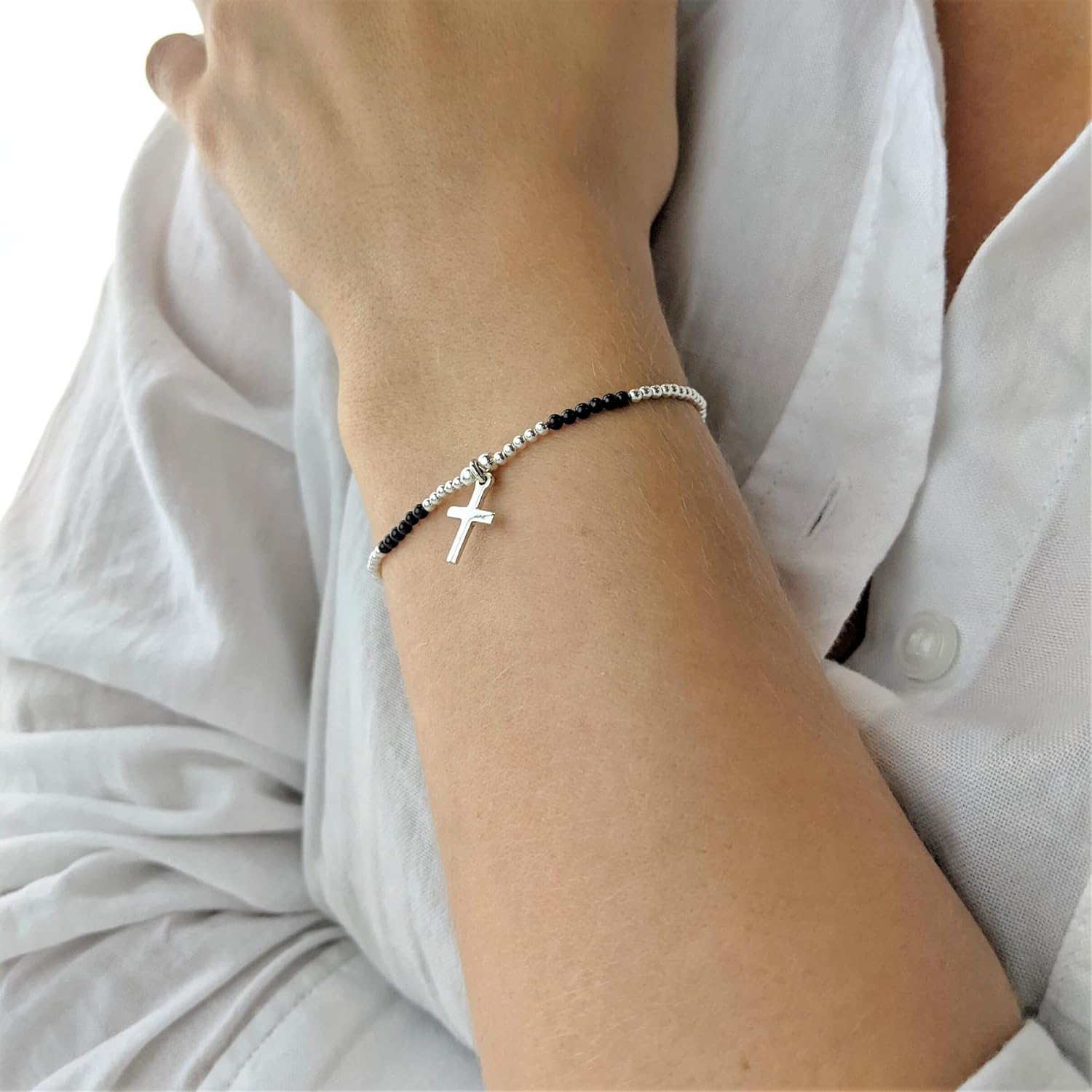 Silverly Sterling Silver Onyx Beaded Stretch Bracelet With Cross Charm - 925 Silver Ball Bead Bracelets for Women - Black Gemstone Elastic Stacking Bracelet - July Birthstone Gift for Best Friend - Image 4