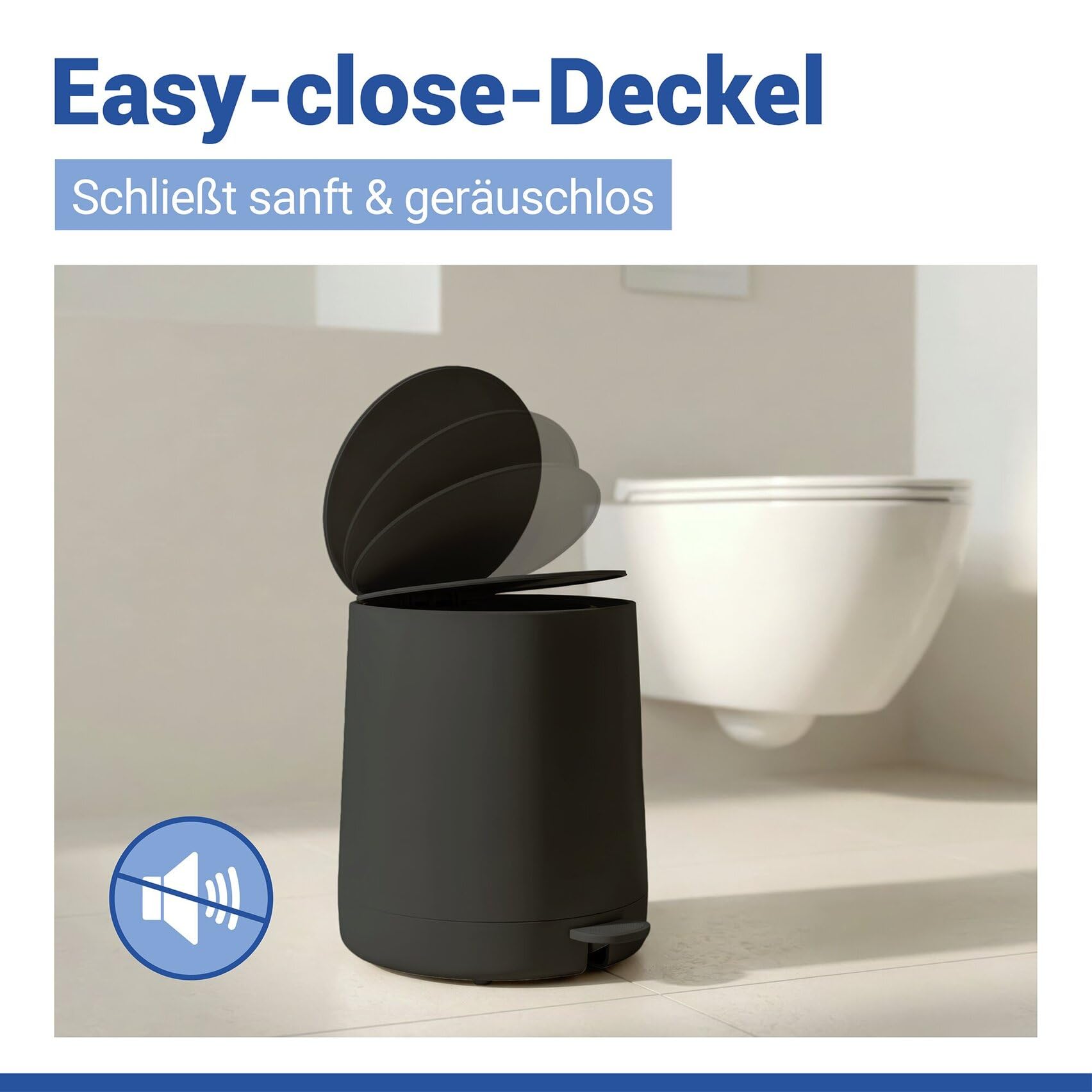 WENKO Kosmetik Treteimer Mod. Fablo aus Kunststoff, Soft-Touch-Beschichtung, Bad-Mülleimer 5 L, Abfalleimer mit Easy-Close Absenkautomatik und Einsatzbehälter, für Bad, Küche oder Büro, schwarz matt