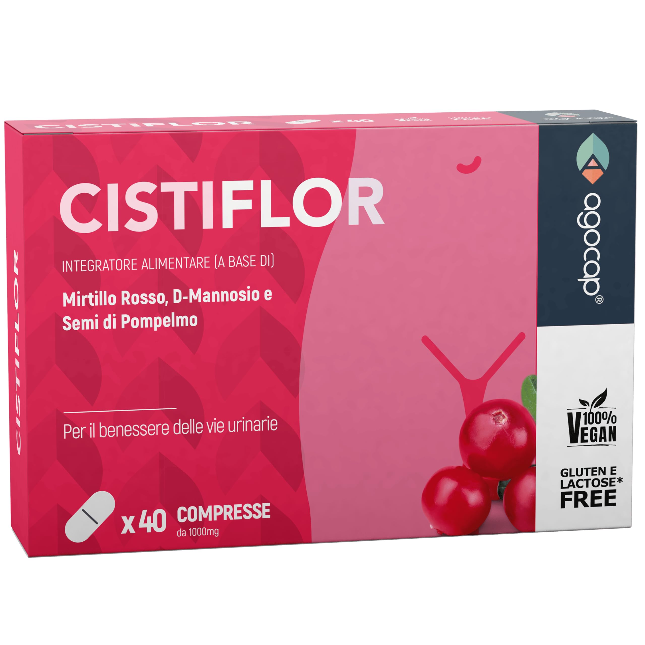 Cistiflor, D-​Mannosio, Mirtillo Rosso e Semi di Pompelmo | per Cistite, Candida e Infezioni delle Vie Urinarie | 40 compresse, integratore d mannosio, cranberry, Agocap