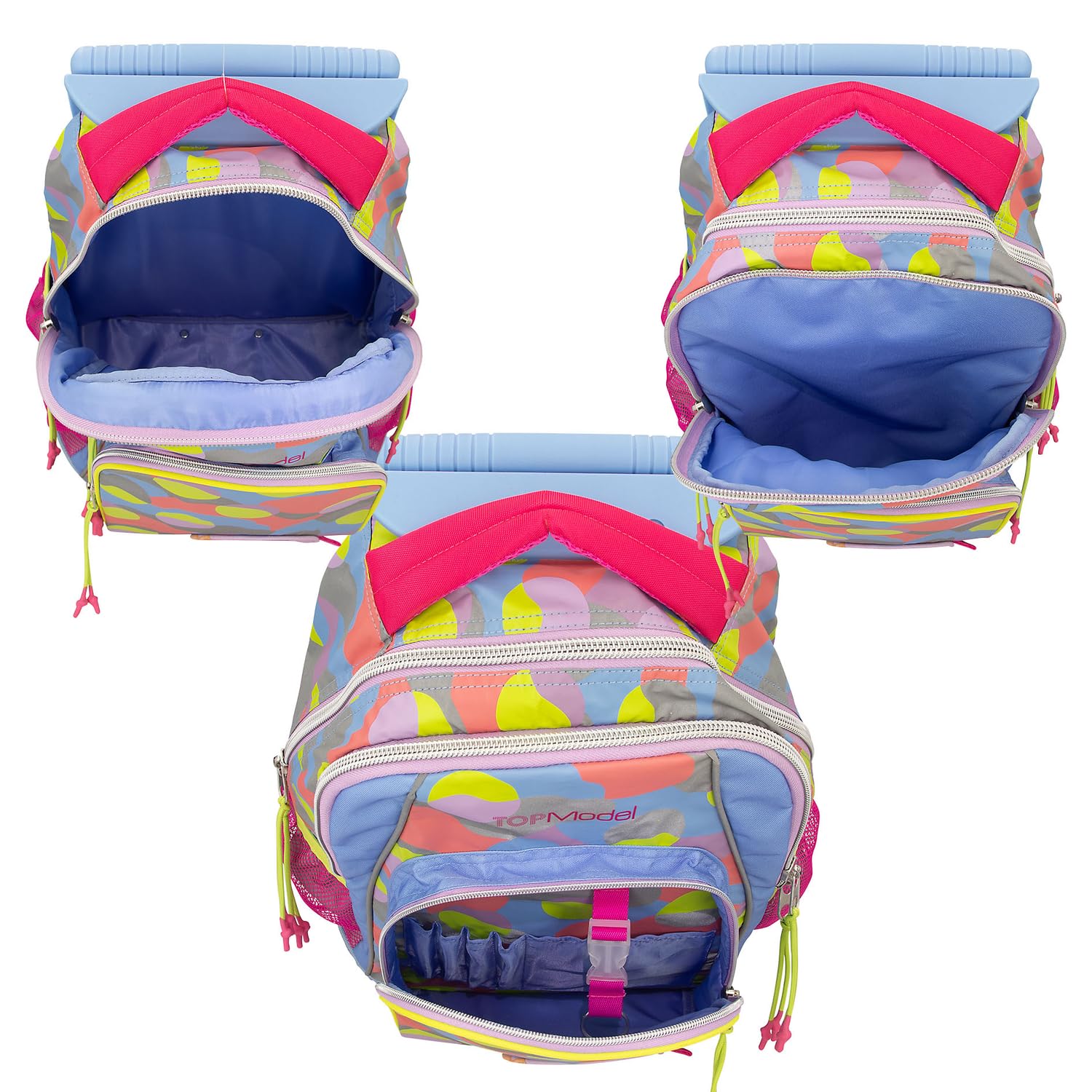 Depesche 12770 TOPModel Flash - Mochila escolar con diseño de modelo y diseño gráfico colorido en material reflectante, bolsa de escuela con asa telescópica y ruedas