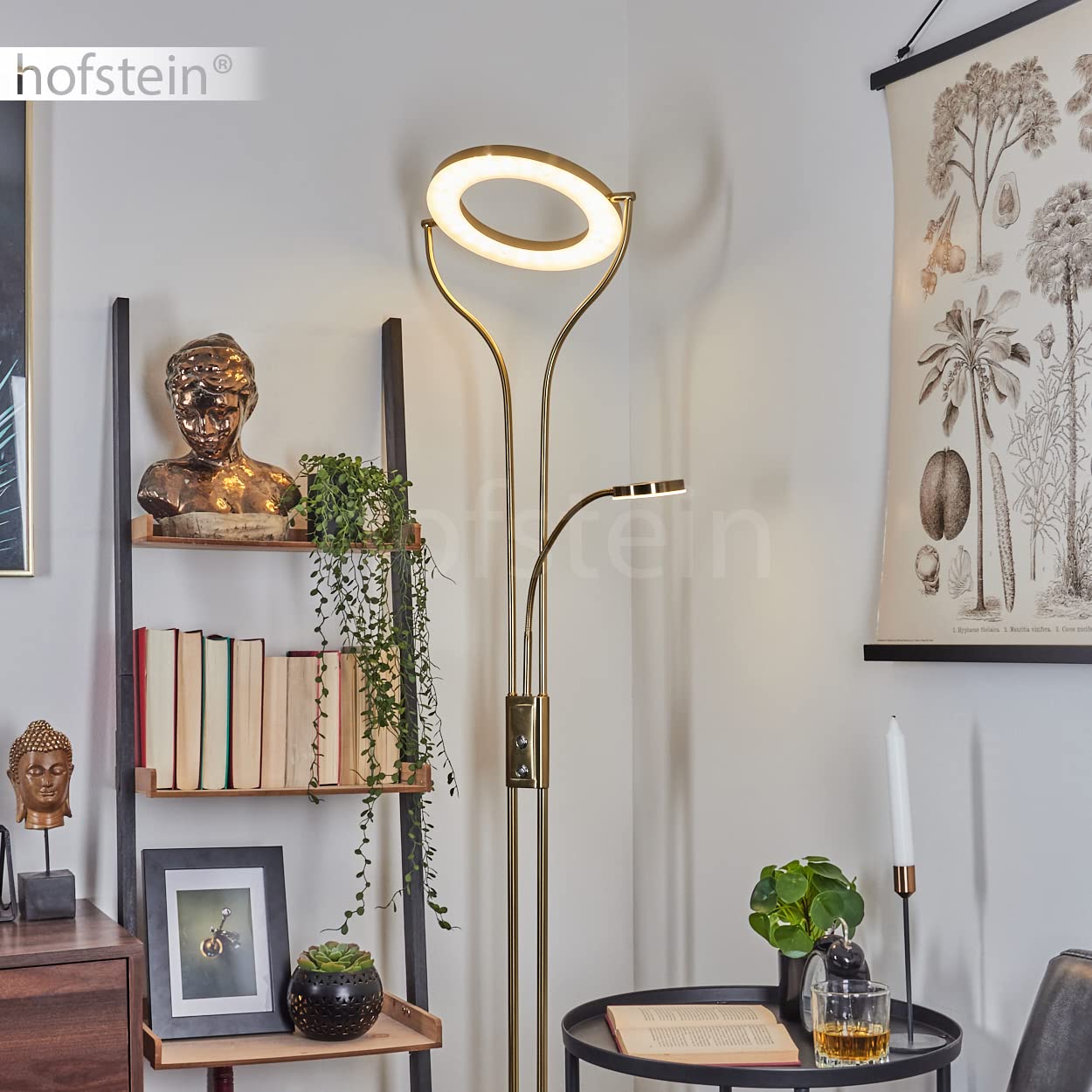 Lampa stojąca LED Donna, ściemniana lampa stojąca z metalu w mosiądzu, z regulowanym ramieniem do czytania, 2070 lumenów, barwa światła 3000 K (ciepła biel), lampa sufitowa do salonu, korytarza, jadal