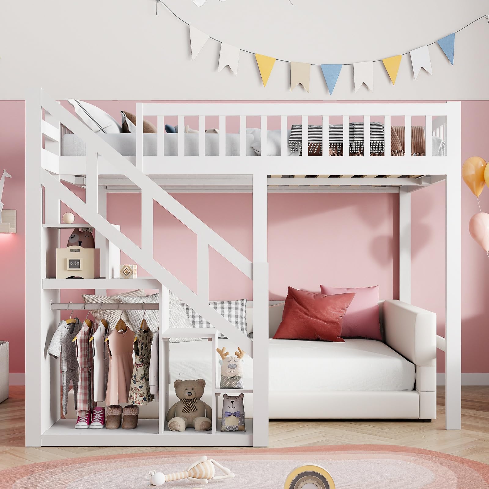 Kinderbett Etagenbett 90x200, Hochbett Hausbett mit Treppe, Staurau, Gitter und Rausfallschutz, Doppelbett Stockbett Spielbett Kinderhochbett mit Lattenrost für Mädchen Junge (Weiß, 90x200 cm)