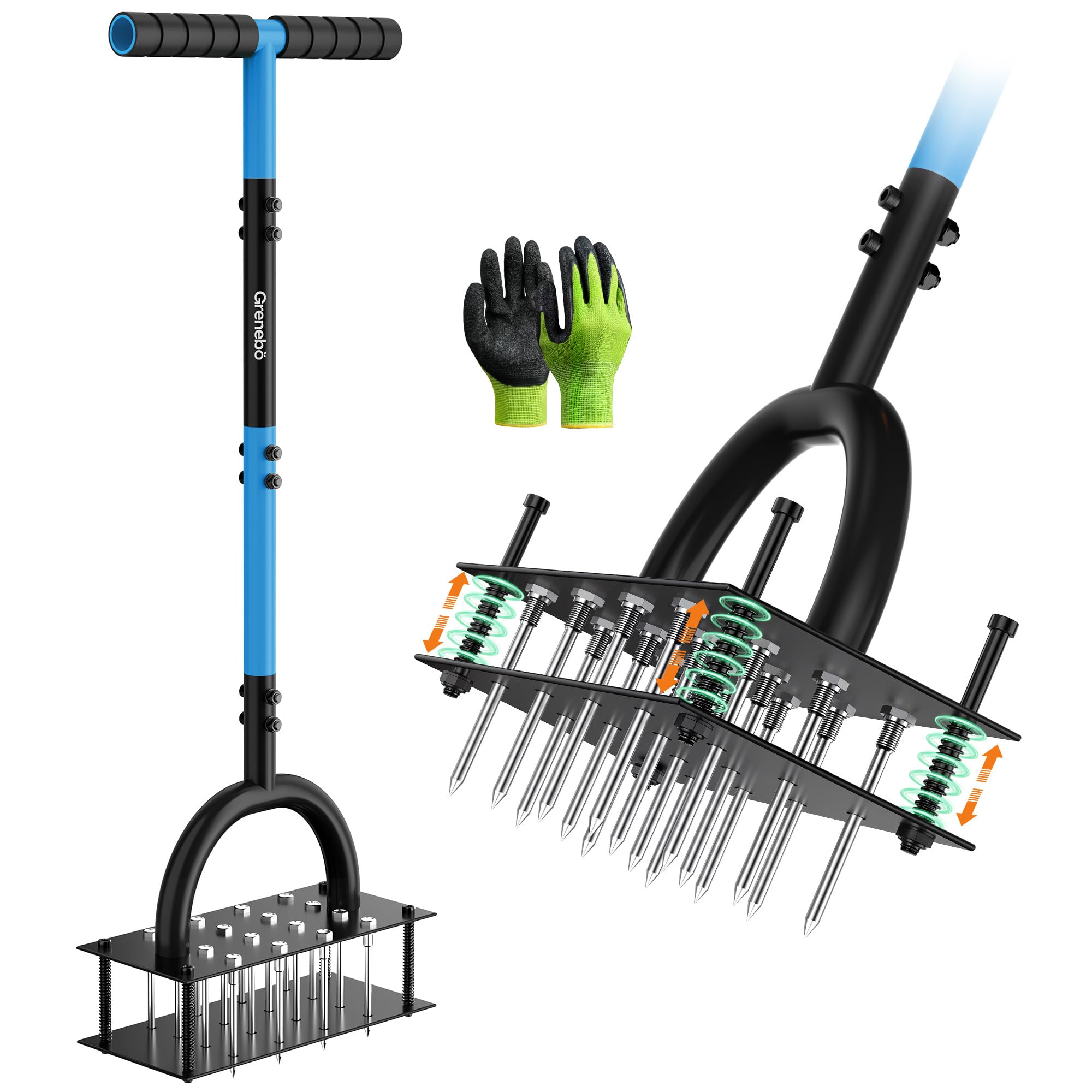 Grenebo Rasenbelüfter – Handbelüfter mit 16 Stacheln, Metall-Rasenbelüfter für den Garten, Rasenbelüftung, automatischer Bodenauswurf (schwarz-blau)