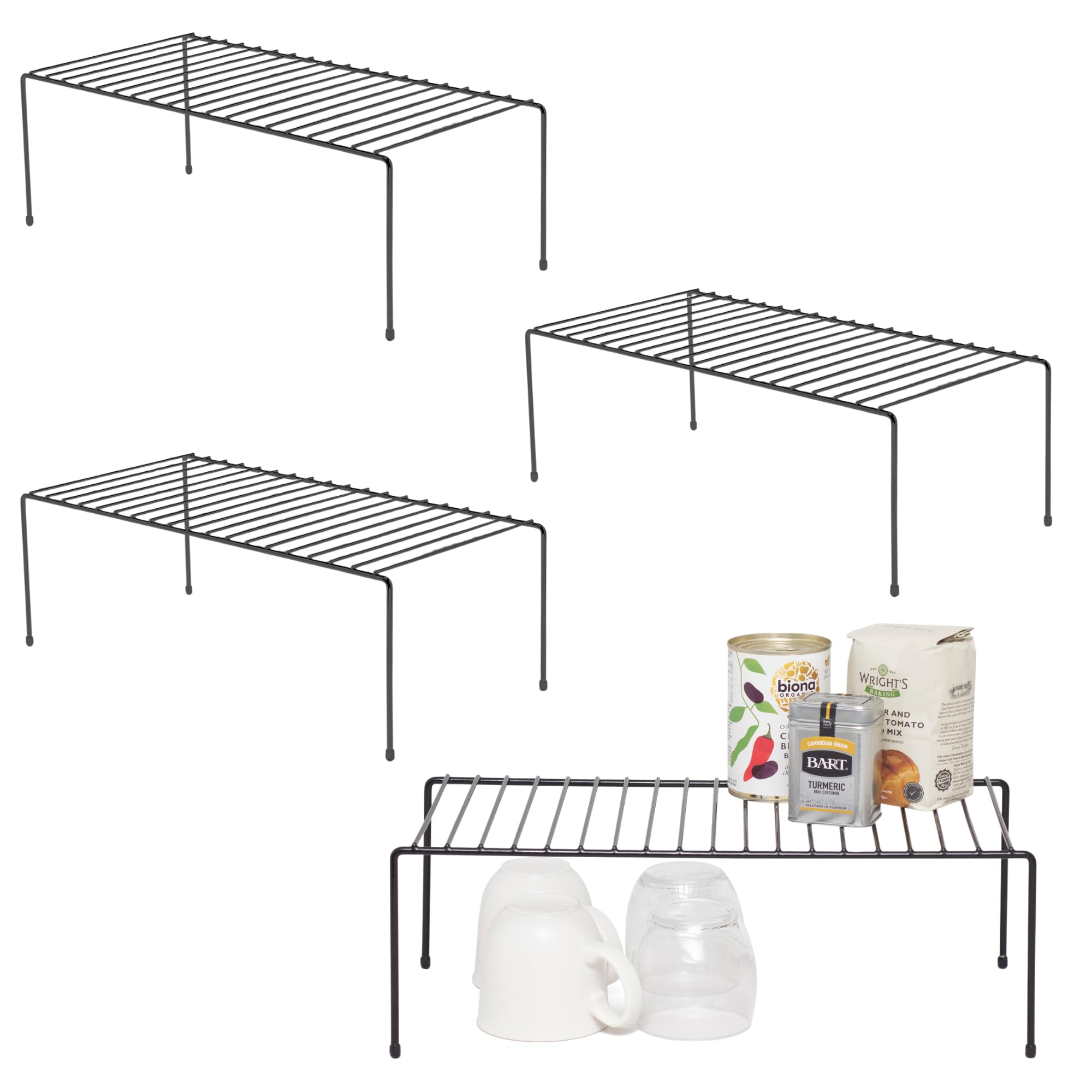 Simplywire Black - Kitchen Cupboard Organisers – Pack Of 4 - Food Tin & Mug Storage Shelves – Plastic Coated Steel