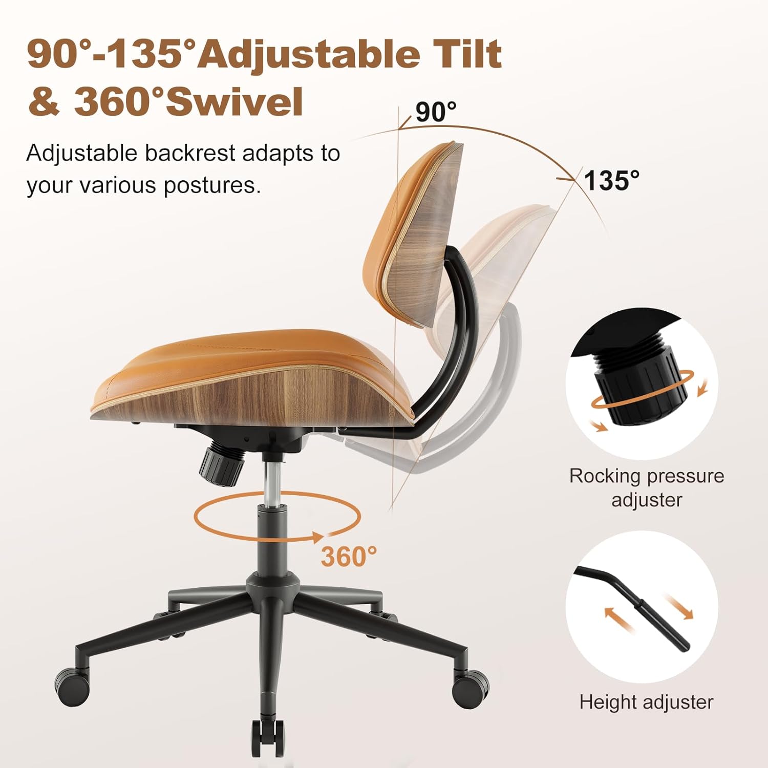 Armless Office Chair with Wheels, PU Leather Adjustable Height Desk Chair, 360° Swivel Ergonomic Computer Chair for Small Space, Modern Walnut Style, Home Office & Meeting Room, Brown