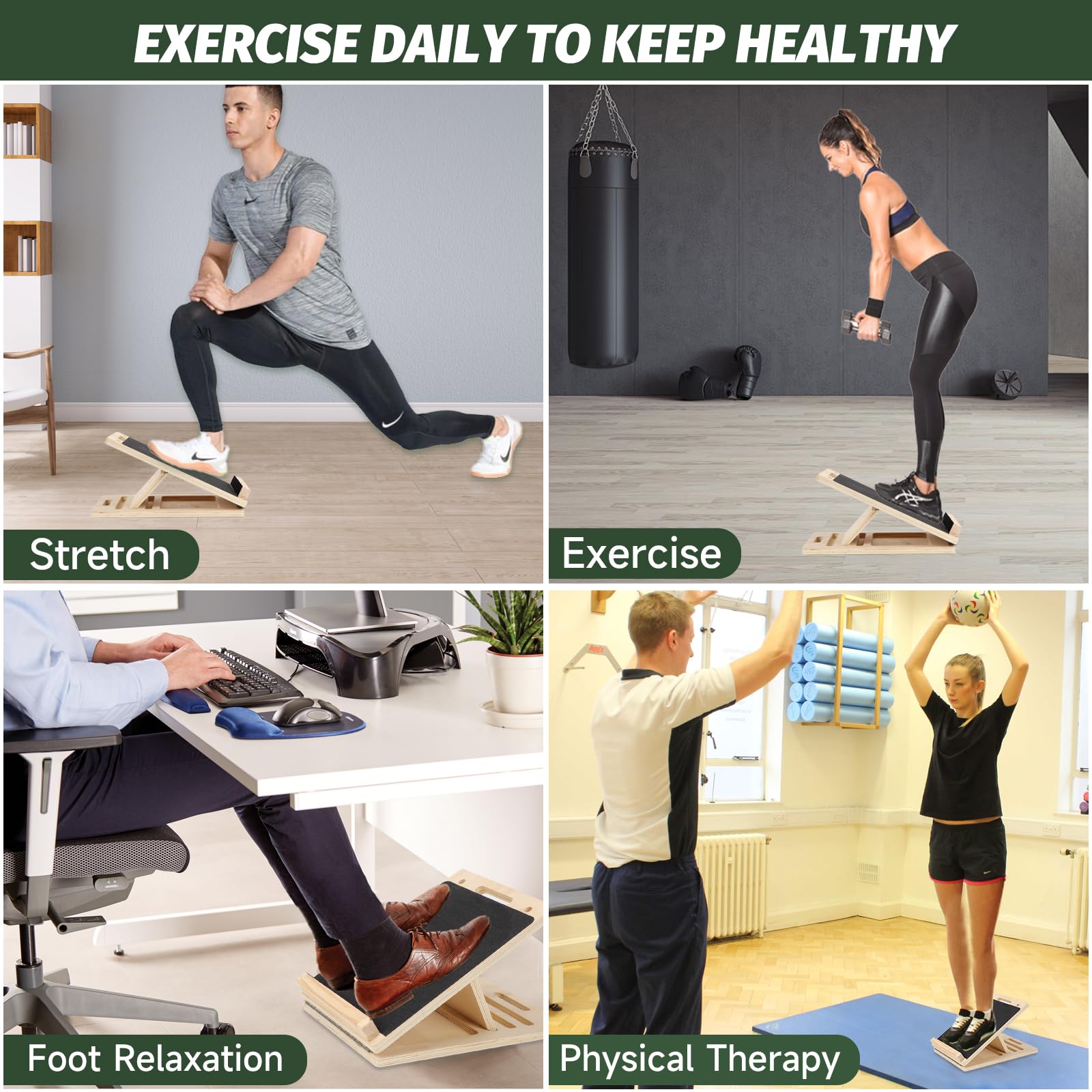 Professionelles Schrägbrett aus Holz, Verstellbares Wadendehner und Neigungsbrett, langlebig mit Rutschfester, Schrägbrett Wadentrainer Wadenstrecker für Wadenstreckung, Fitnessstudio
