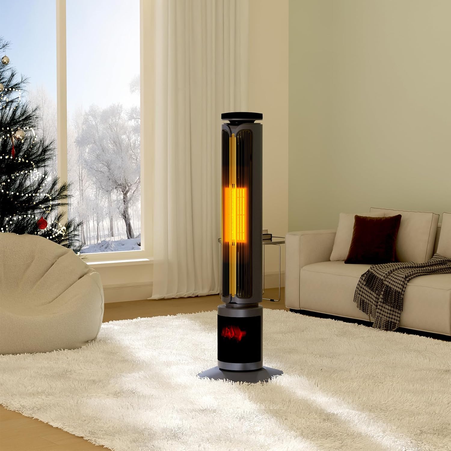 Auertech 34.5" Space Heaters for Indoor Use Large Room, 1500W PTC Electric Heater with 3D Flame, Oscillating Heater with Remote Control & 12H Timer, Portable Tower Heaters for Bedroom, Office, Grey