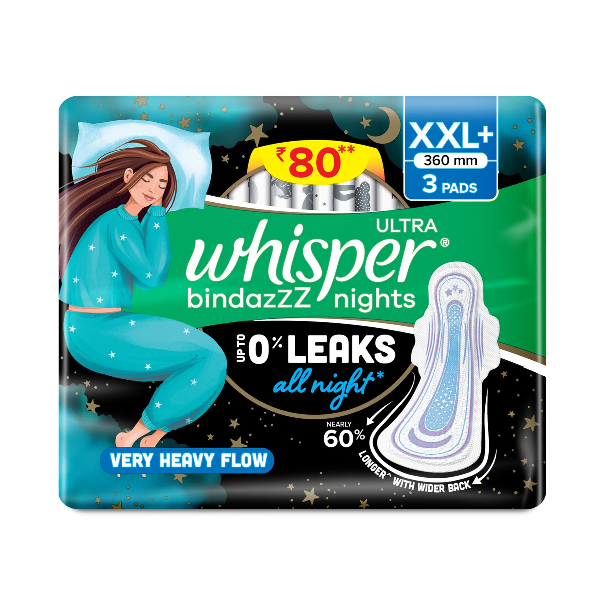 Whisper Bindazzz Nights 3 XXL+ Sanitary Pads, Upto 0% Leaks All Night Long, For Very Heavy Flow, Nearly 60% Longer with Wider Back, Active odor lock so you feel fresh, Disposable Wrapper-image-49