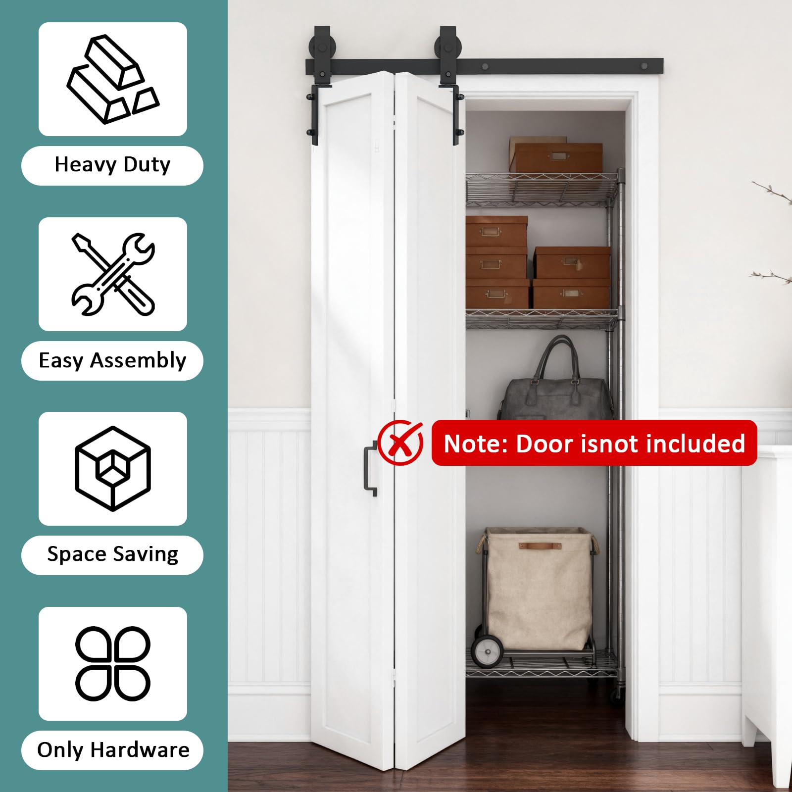 Kit complet de ferrures pour porte coulissante - 100 cm - Noir - Pour 2 portes - Peu encombrant - Rail de porte coulissante robuste