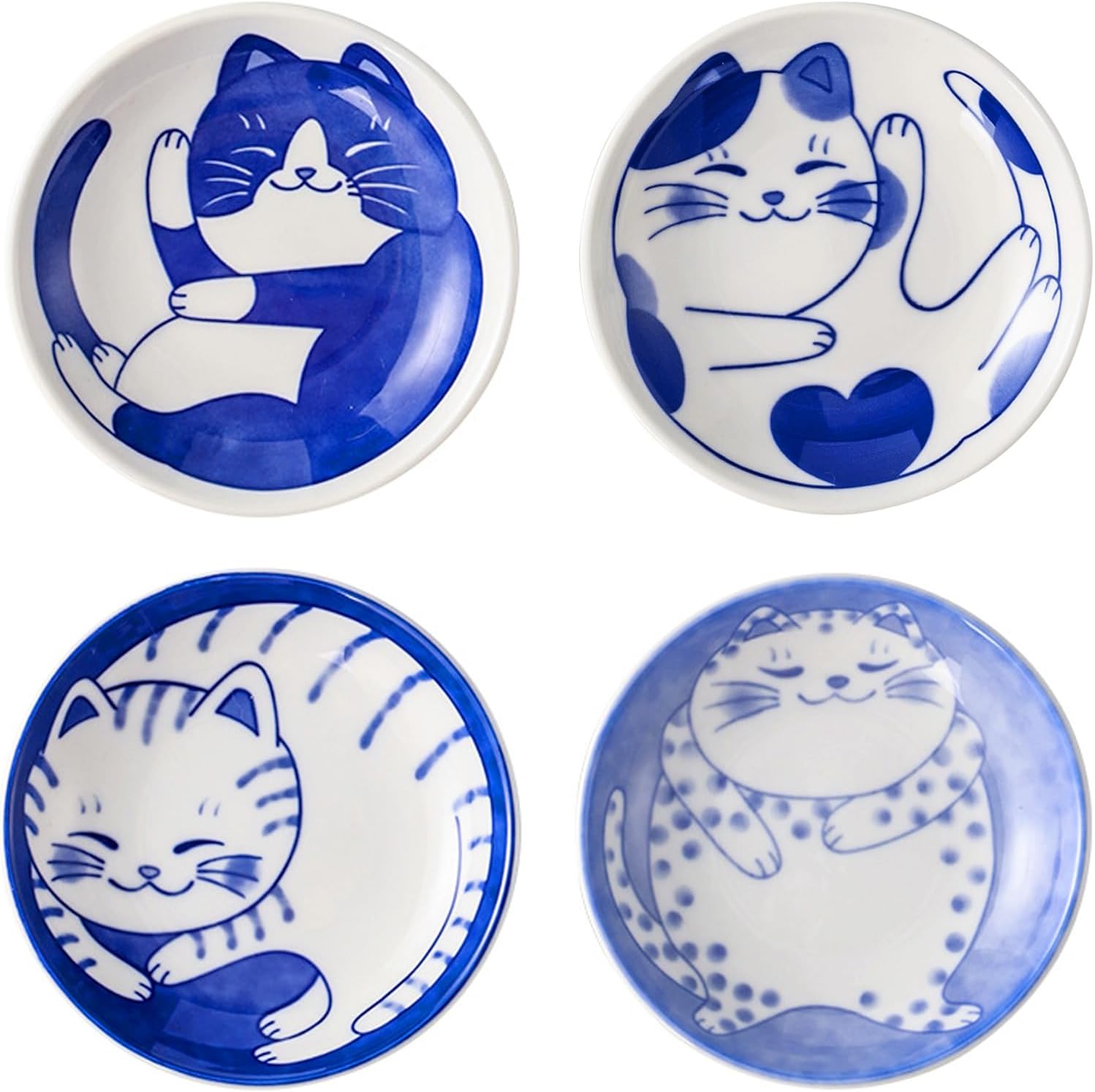 Ceramic Dipping Bowls Set of 4, Cute Cat Soy Sauce Dish, 4 Oz Dip Bowls, Mini Pinch Bowls, Sauce Cups, Small Serving Bowls for Side Dishes, Condiment, Sushi, Appetizer, Seasoning, Blue