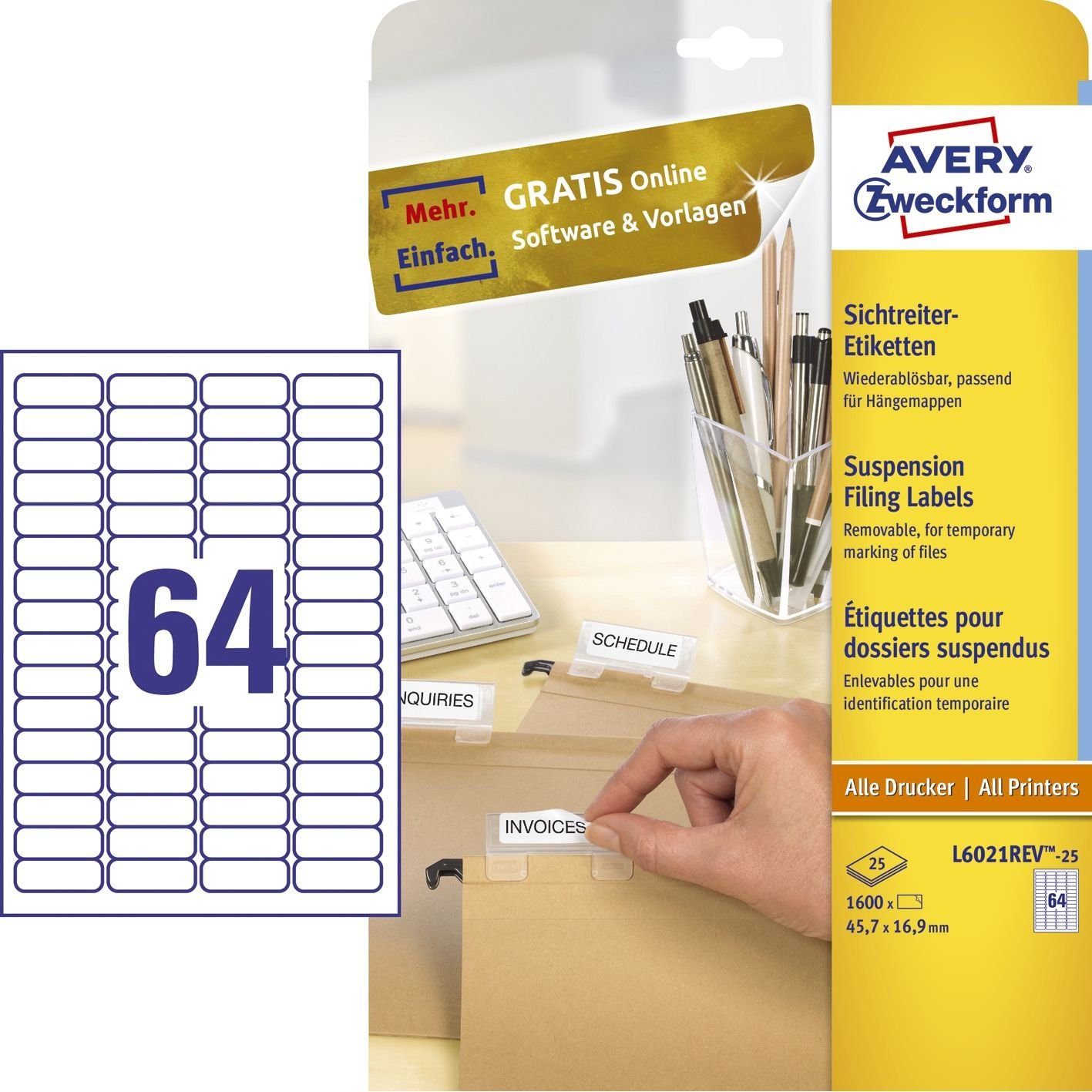 Avery Zweckform L6021REV-25 25 feuilles d'étiquettes enlevables pour dossiers suspendus 45,7 x 16,9 mm (Import Allemagne)